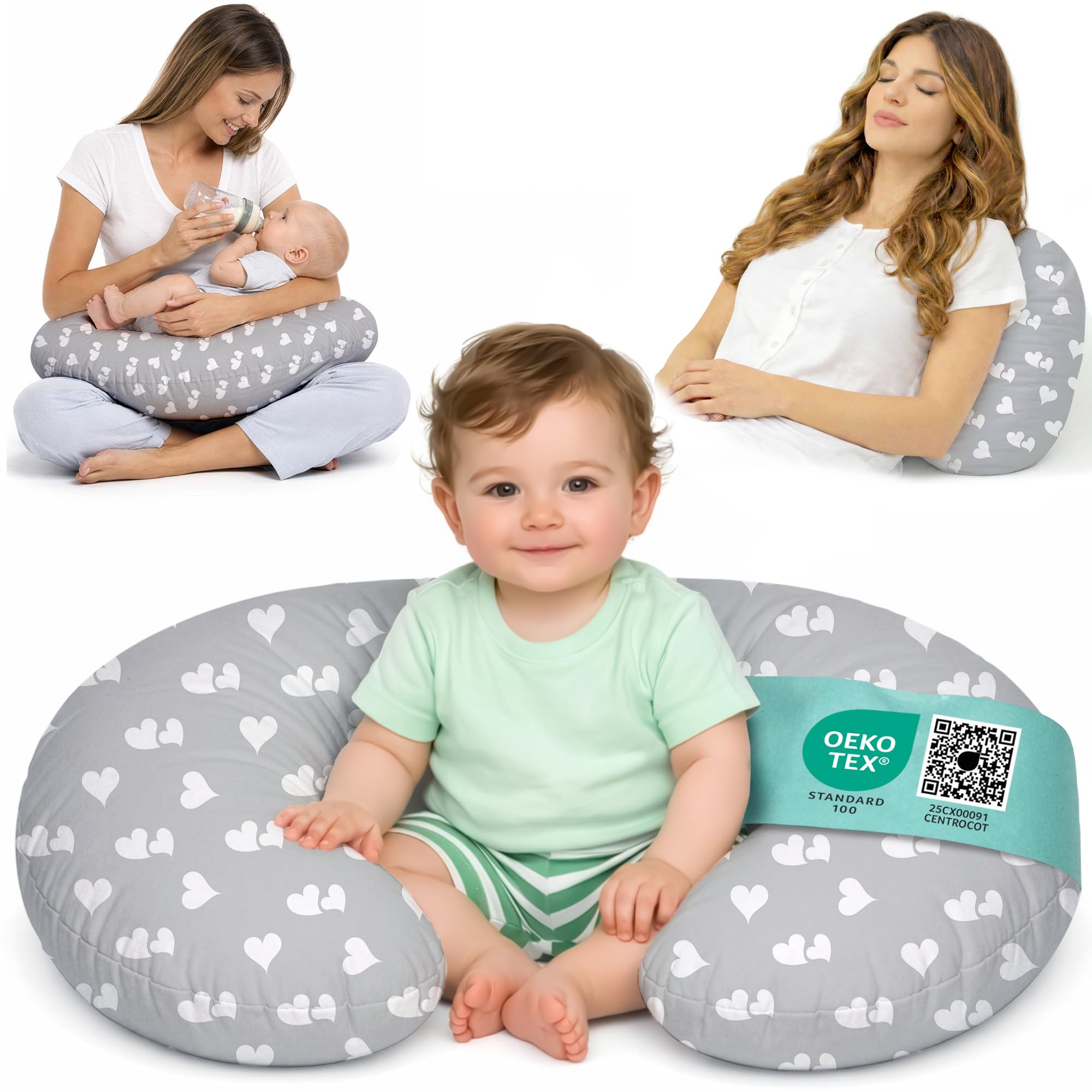Cuscino Allattamento e Gravidanza Ciambella Allattamento Neonato con Federa in 100% Cotone e Morbido Riempimento Supporto Ergonomico alla Schiena Idea Regalo per Neo Mamme Accessorio Premaman Lavabile