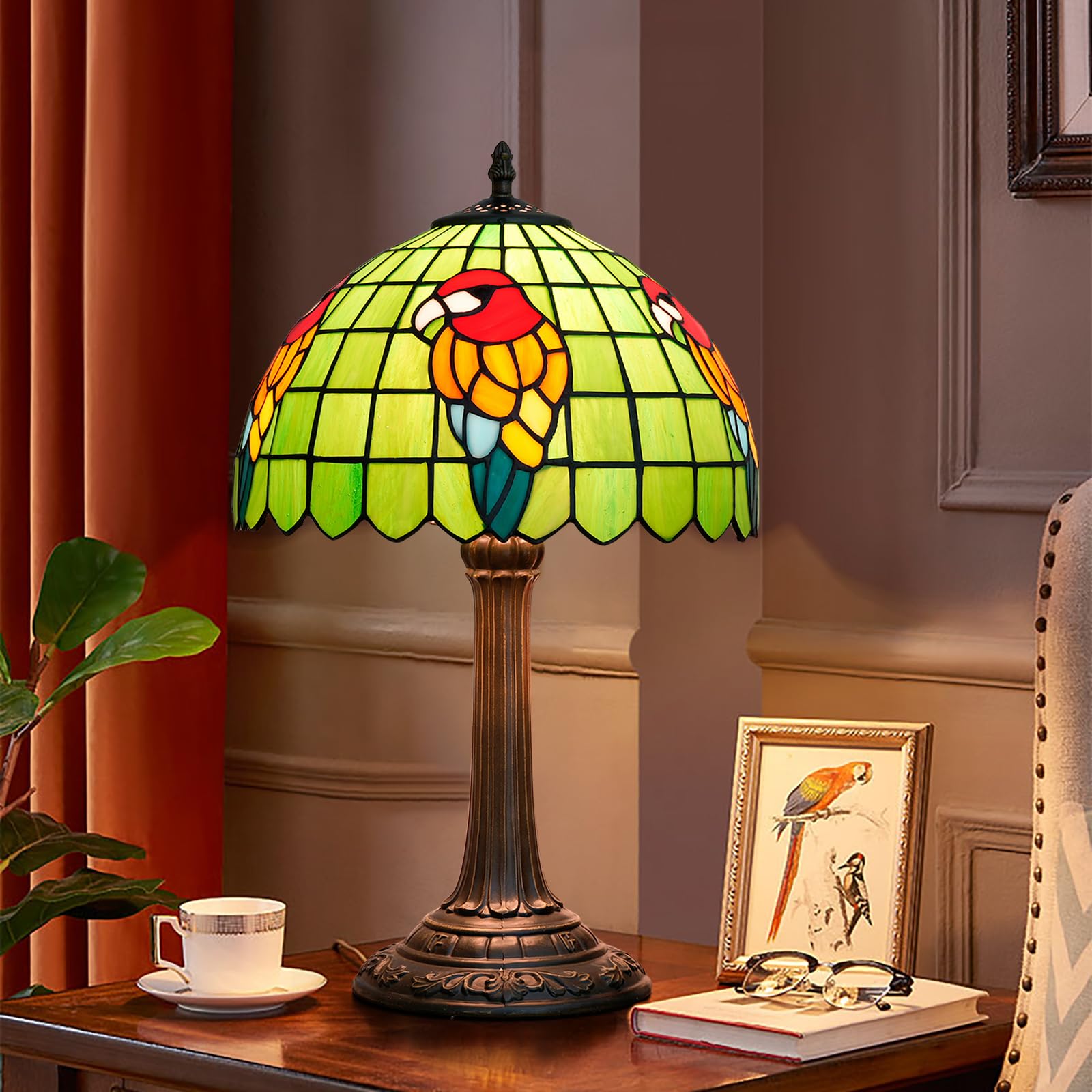 Tiffany Lampa Papuga Zielona Sypialnia Lampa Stołowa Witraż Czytanie Lampka Nocna Do Domu Salon Biuro Dormitorium Jadalnia Udekoruj