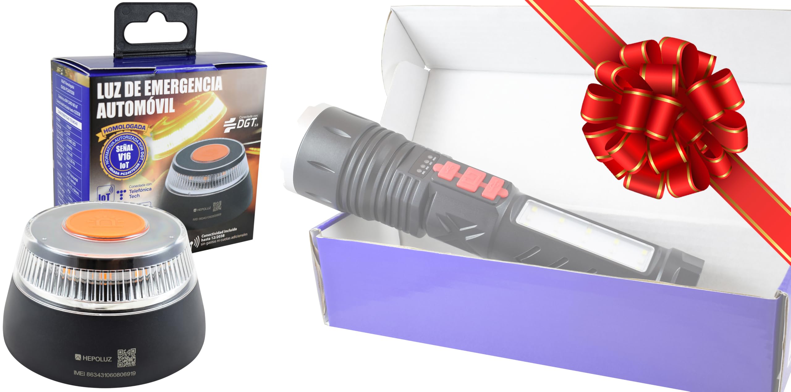 Luz de Emergencia V16 DGT geolocalizada Homologada + Linterna Recargable con Sirena de Emergencia