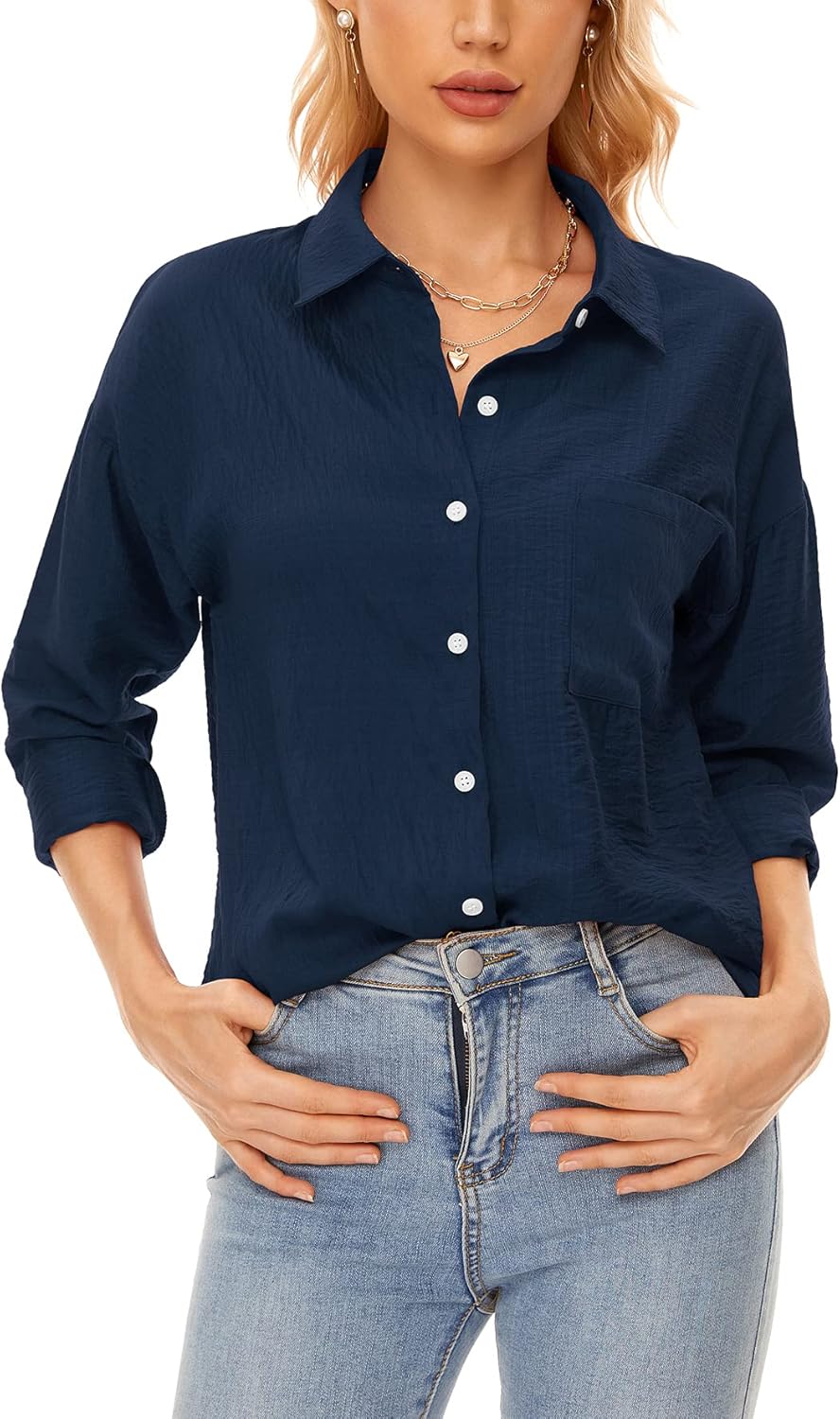 VIISHOW Womens Casual Button Up Shirts V Neck Stripe Long Sleeve Blouses Top with Pockets at  Women’s Clothing store