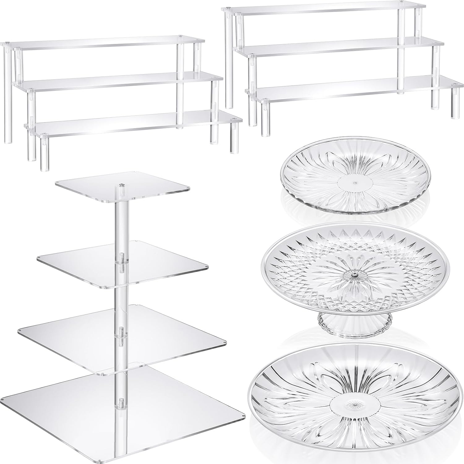 6 Pcs Acrylic Cake Stands Set Include 2 Display Risers 1 Pcs 4 Tier Cupcake Tower and 3 Clear Round Dessert Trays Cake Table Holder for Wedding Baby Shower Decoration(Classic Style)
