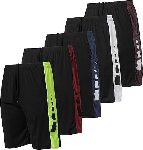 Real Essentials - Paquete de 5 shorts deportivos para hombre, shorts de rendimiento deportivo con tela Dry-Fit resistentes al sudor