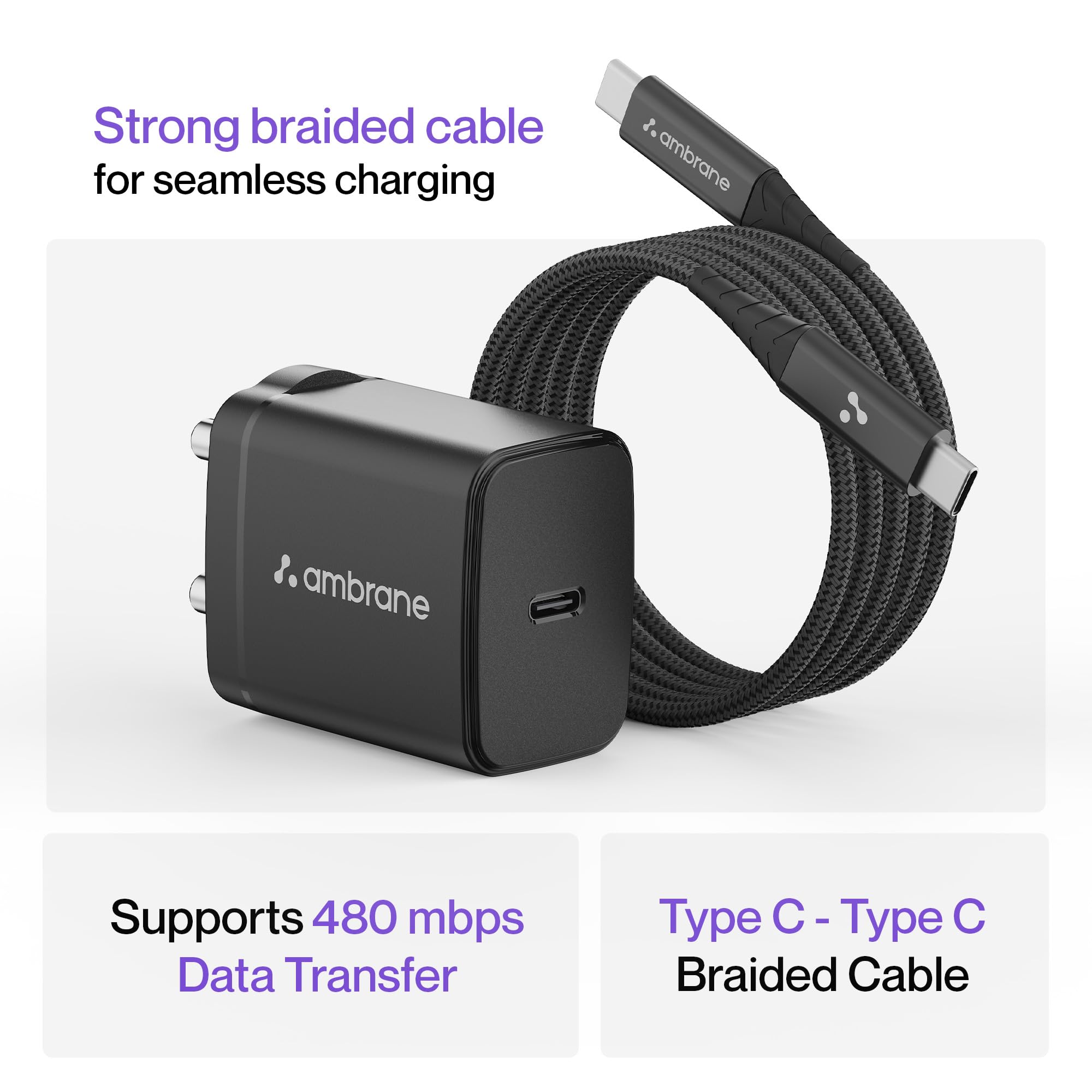 Ambrane 25W GaN Mobile Charger Adapter with Charging Cable | Fast Charging for Samsung Smartphones, iPhone 15/14/13/12/11/X & Pro Series & Other Type-C Devices (Charge 25, White) 3