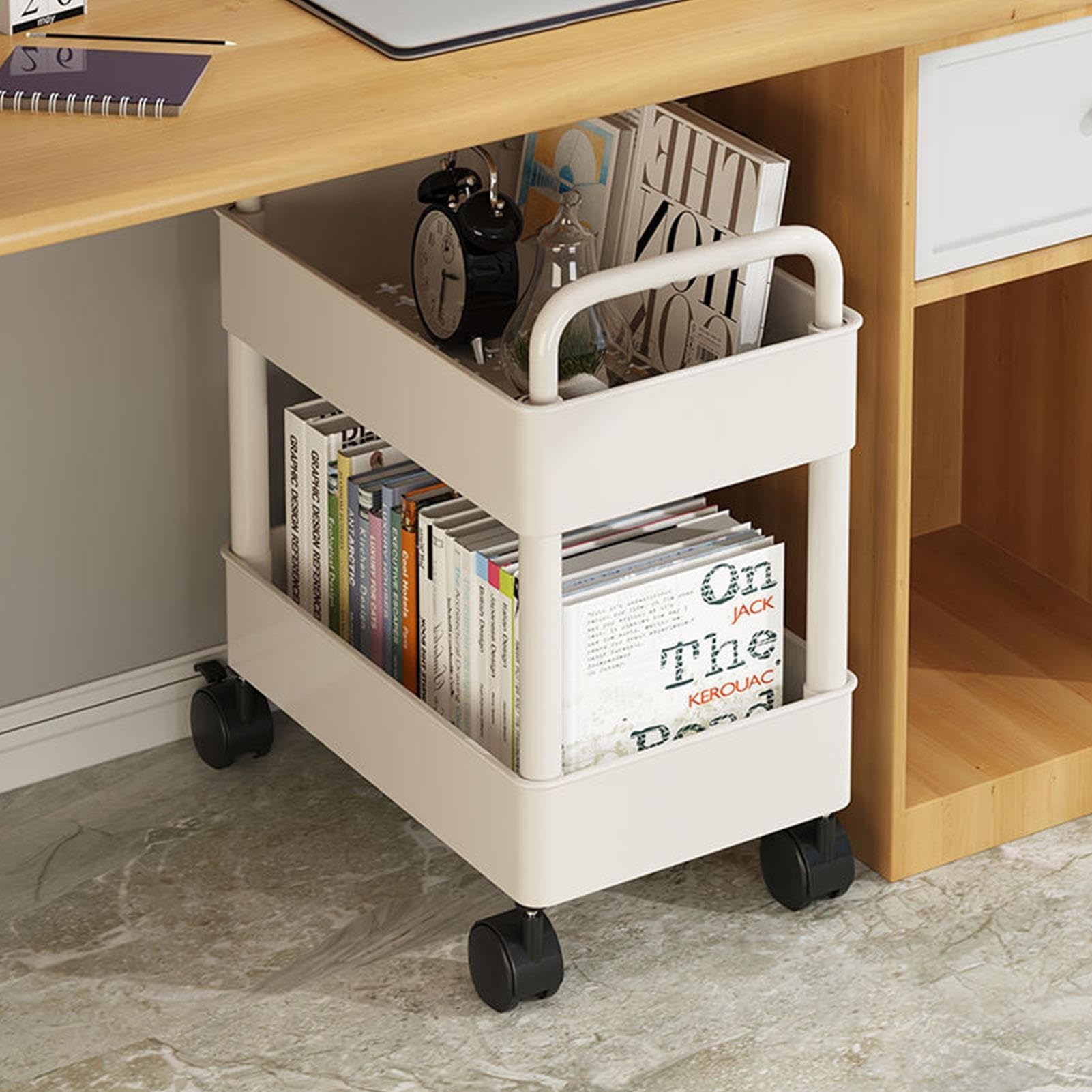 Bibliothèque mobile avec roulettes - Chariot de rangement à 2 niveaux - Étagère de rangement pour jouets - Chariot de cuisine pour organiser de nombreux livres et magazines - 37 x 25 x 43,5 cm