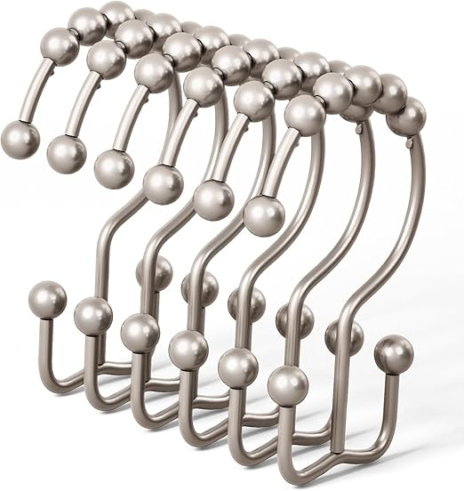 DAWNER Shower Curtain Hooks, Rust Proof Metal Easy Glide Double Rings, Stainless Steel Hangers for Bathroom Curtains, Set of 12, Brushed Nickel