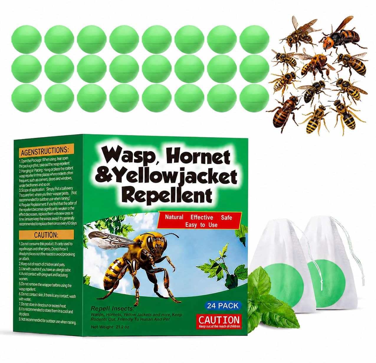 24 Pack Wasp Repellent Balls, Bee and Wasp Repellent, Natural Peppermint Oilj, Wasp Nest Remover Repels Bee, Yellow Jacket, Hornet, Wasp, Indoor Outdoor Patio Garden Yard, Pet and Family Safe