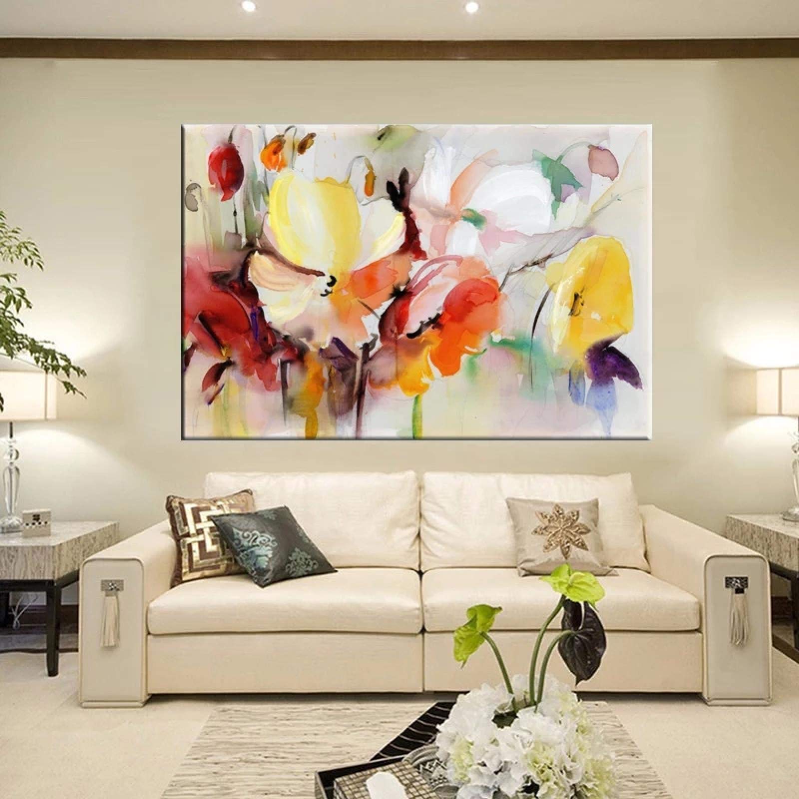 Peinture murale fleurs aquarelle moderne 40x65 cm tableau sur toile avec cadre intérieur pour salon