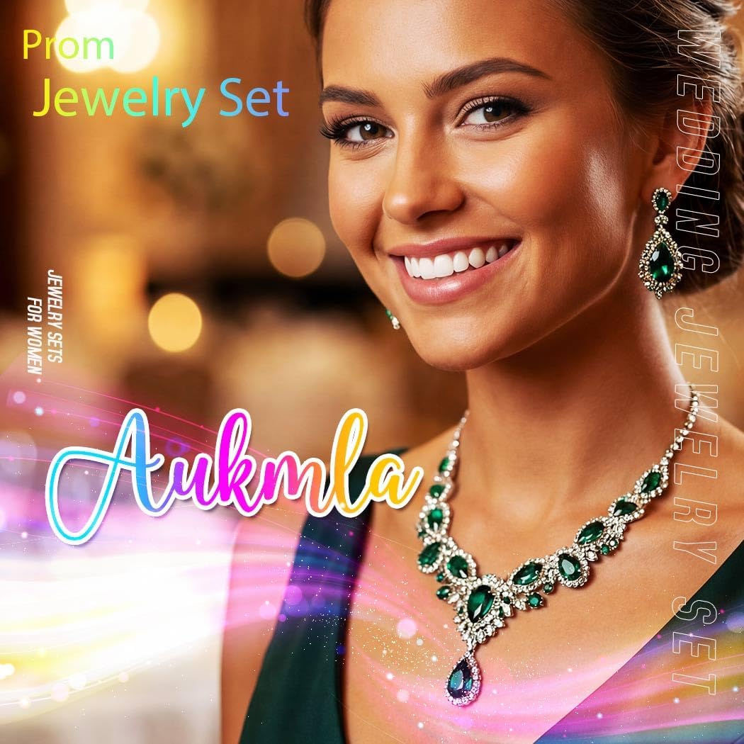 Aukmla Prom Jewelry Sets Rhinestone Necklaces and Earring Set Crystal Wedding Costume Jewelry for Brides and Women - Image 6