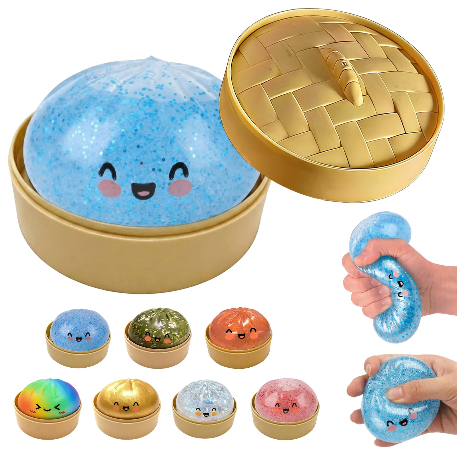Glitter Dumpling Squishy, New Mystery Glitter Dumpling Squishies Box, Jumbo Squishy Toy with Steamer Box, Colorful Fidget Stress Balls, Soft Squeeze Decompression Dough Sensory Play Toy(Glitter White) — view 7