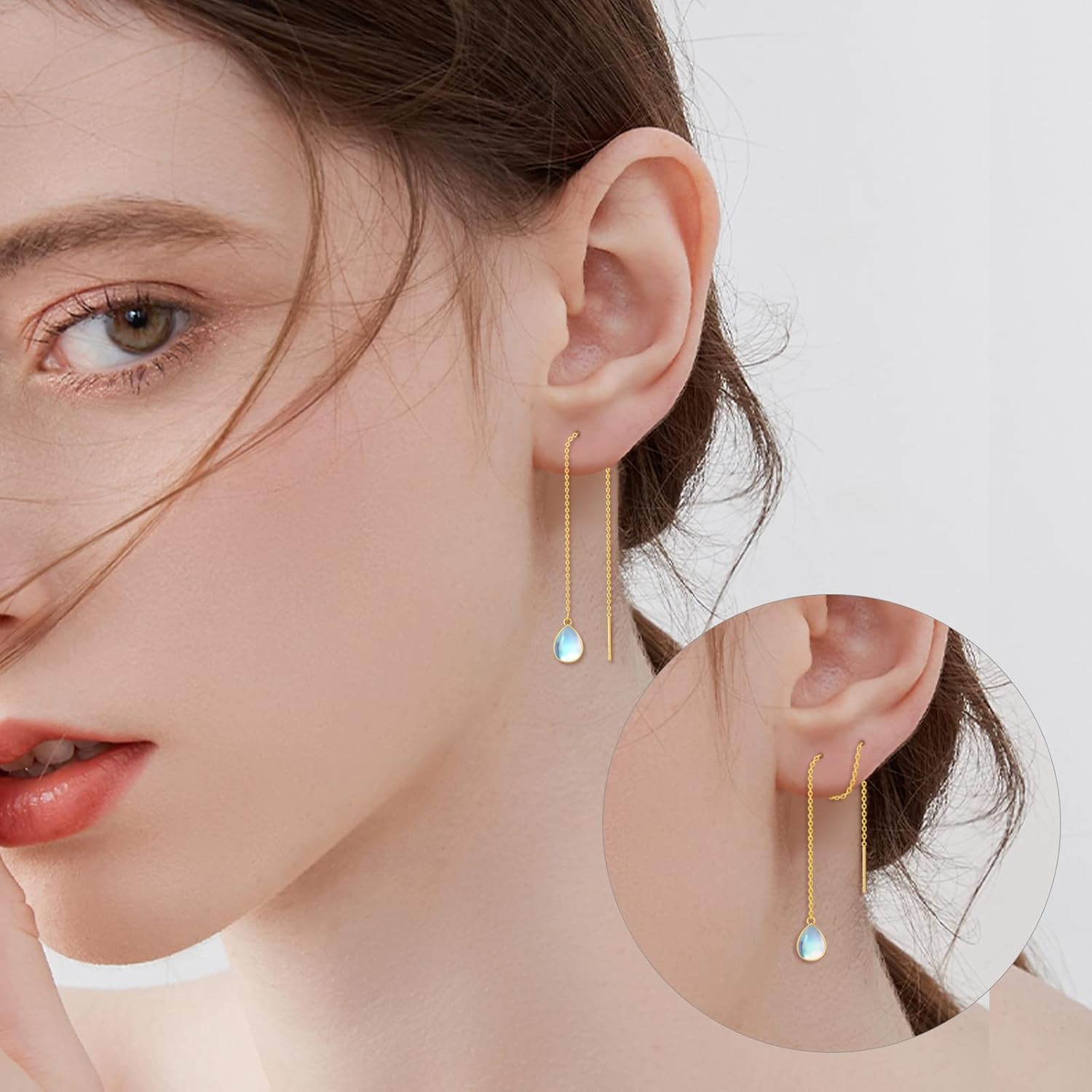 KECHO 14K Solid Gold Threader Earrings for Women Long Chain Earrings Opal Moonstone Emerald Black Onyx Crystal Earring Bithday Mothers Day Jewelry Gifts for Mom Wife Friends