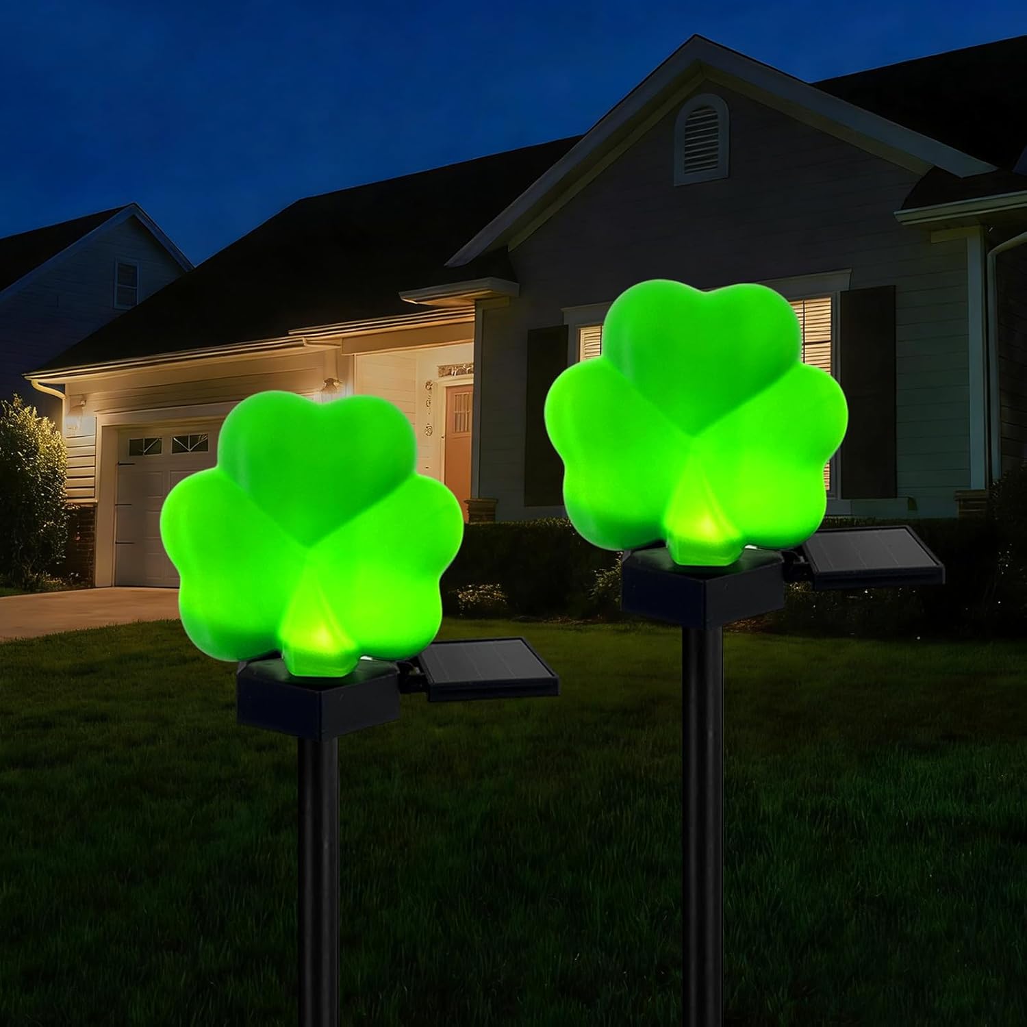 St Patricks Day Solar Lights Outdoor, 4 Pcs Waterproof Solar Green Shamrock Lights Outdoor Green Light for Saint Patricks Day Decorations Outside Garden Yard Lawn