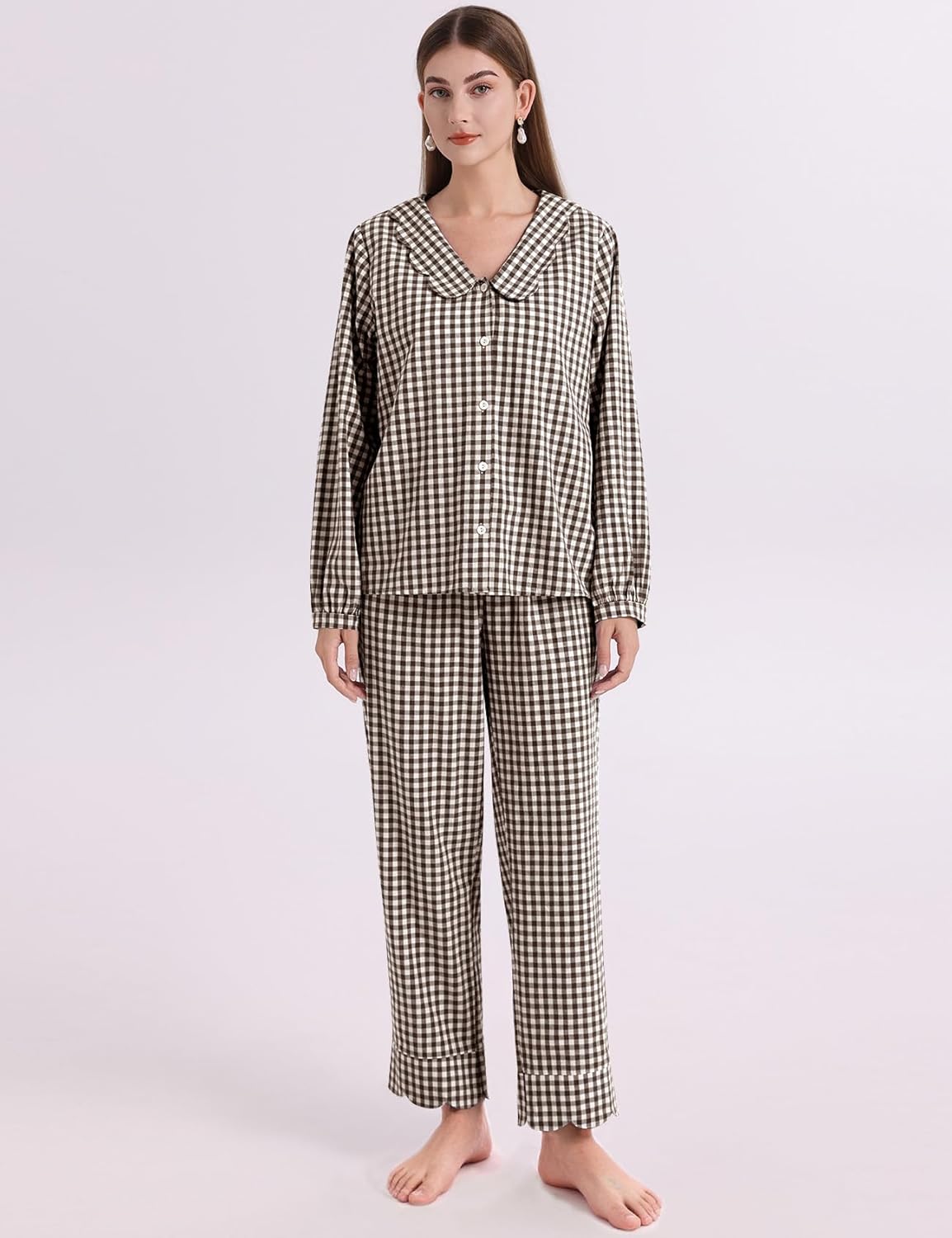 COZYPOIN Womens Gingham Pajama Sets Scalloped Collar Cotton Plaid Button Down Long Sleeve Shirt and Pants Y2K Lounge Set - Image 2