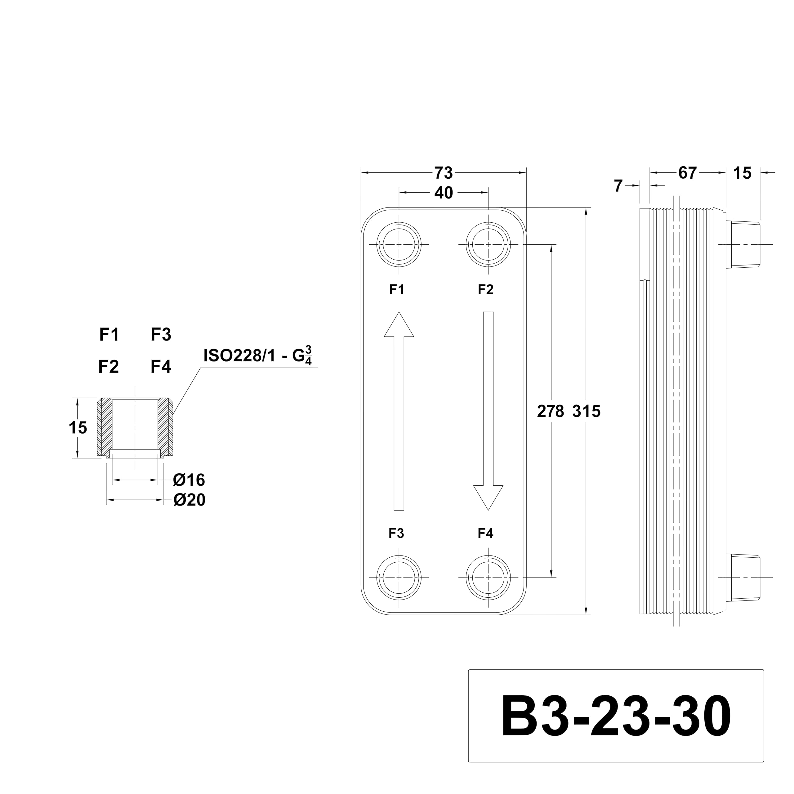 Intercambiador de calor de placas de acero inoxidable B3-23-30 con aislamiento – 4 conectores de 3/4 pulgadas, máx. 135 kW para calefacción, energía solar, bomba de calor
