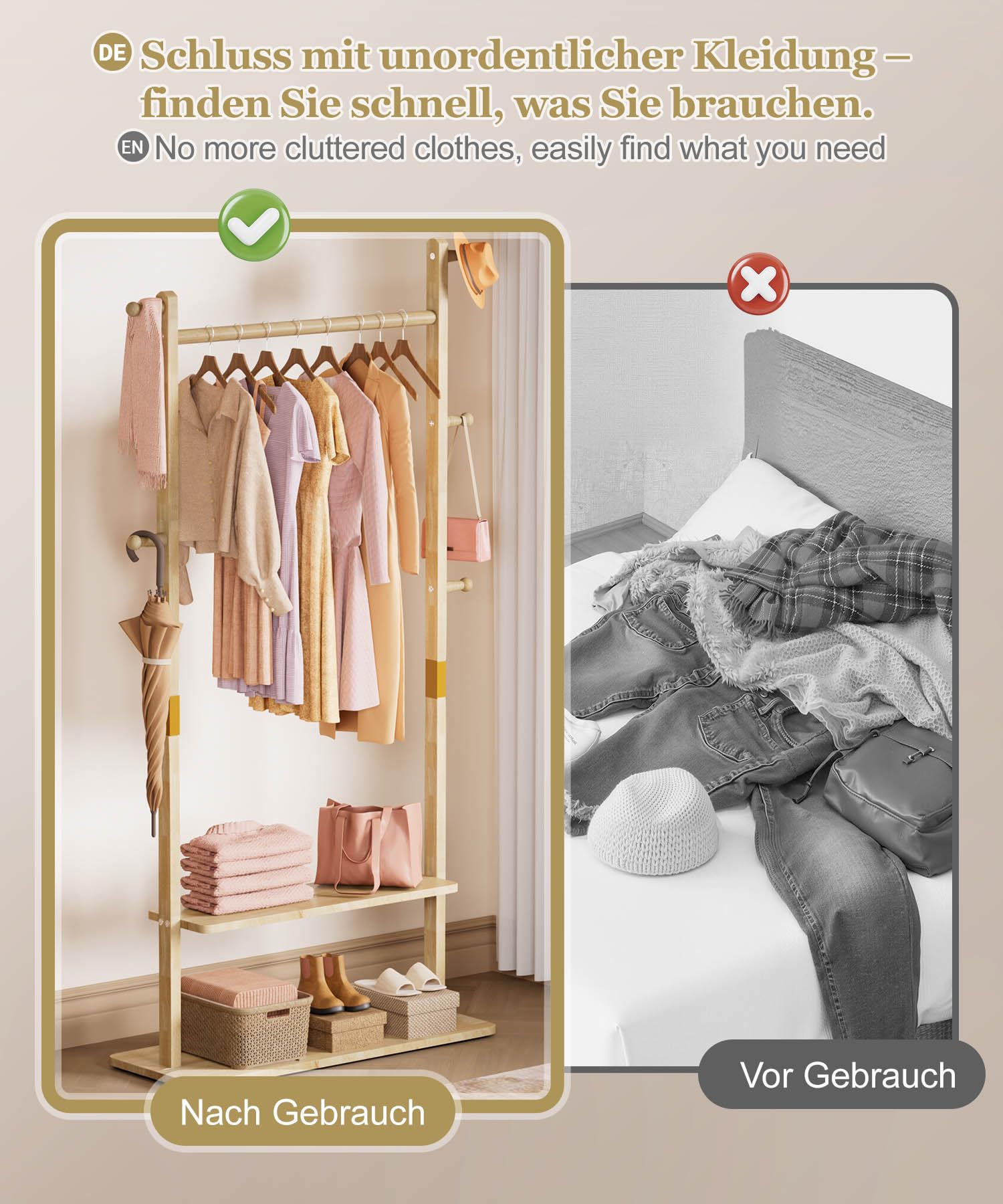 Yorbay Stand Appendiabiti Legno Guardaroba: Indipendente 2 Ripiani 5 Ganci | 1 Asta Appendiabiti per Vestiti Cappelli Giacche Borse - per Camera da Letto Soggiorno Corridoio