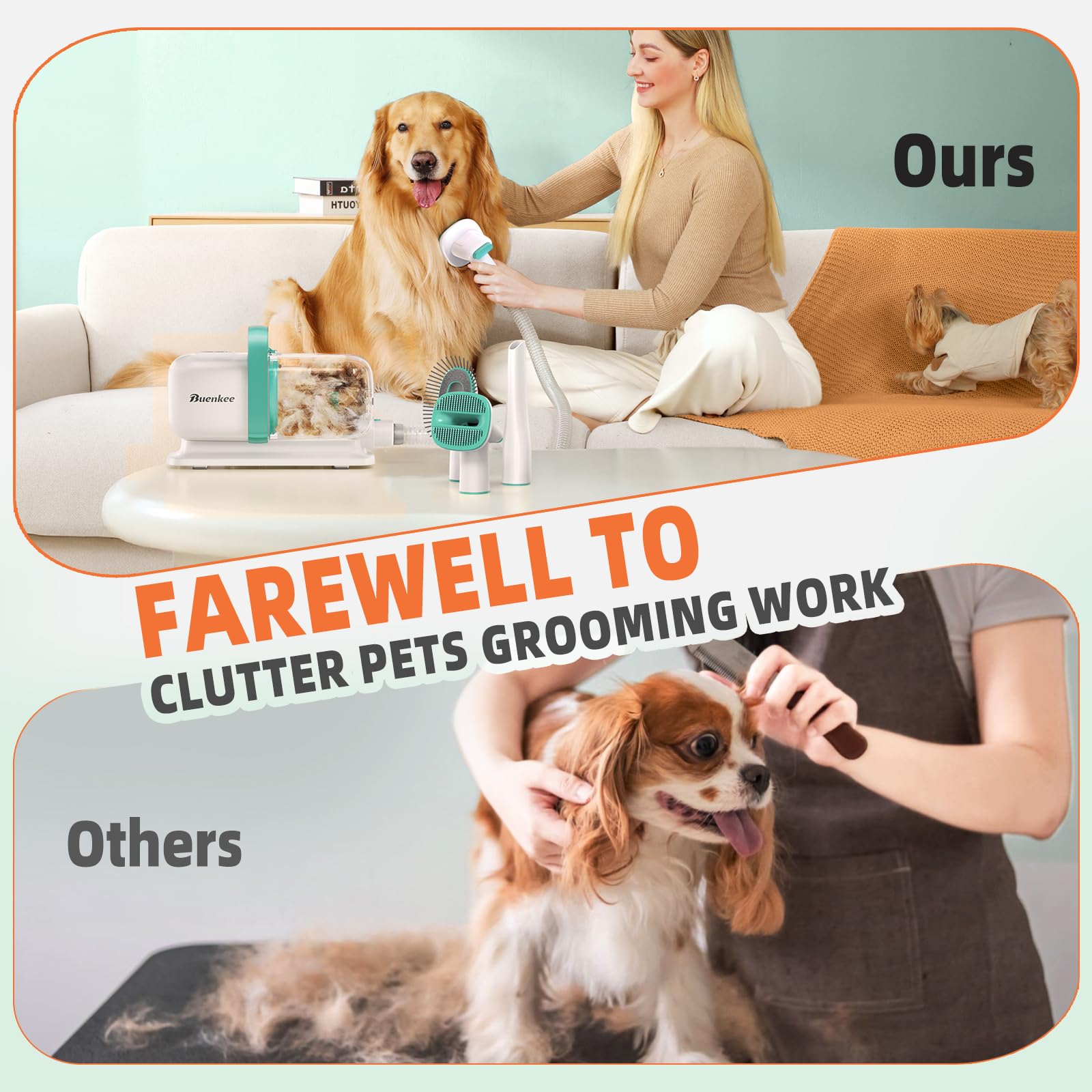 Buenkee Dog Grooming Vacuum, Dog Vacuum for Shedding Grooming, Low Noise Quiet Dogs Pet Fur Hair Remover Kit, 15kpa Cat Groomer Shedding Brush Attachment Home Cleaning Supplies Set 4