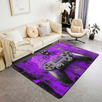 Gamer Gamepad Kids Area Rug,Spider Web Tie-dye Graffiti Retro Indoor Floor Mat Entrance Rug,Videogames Controller Console Non Slip Rug,Purple Chairs Couch Living Room Decor,5x66