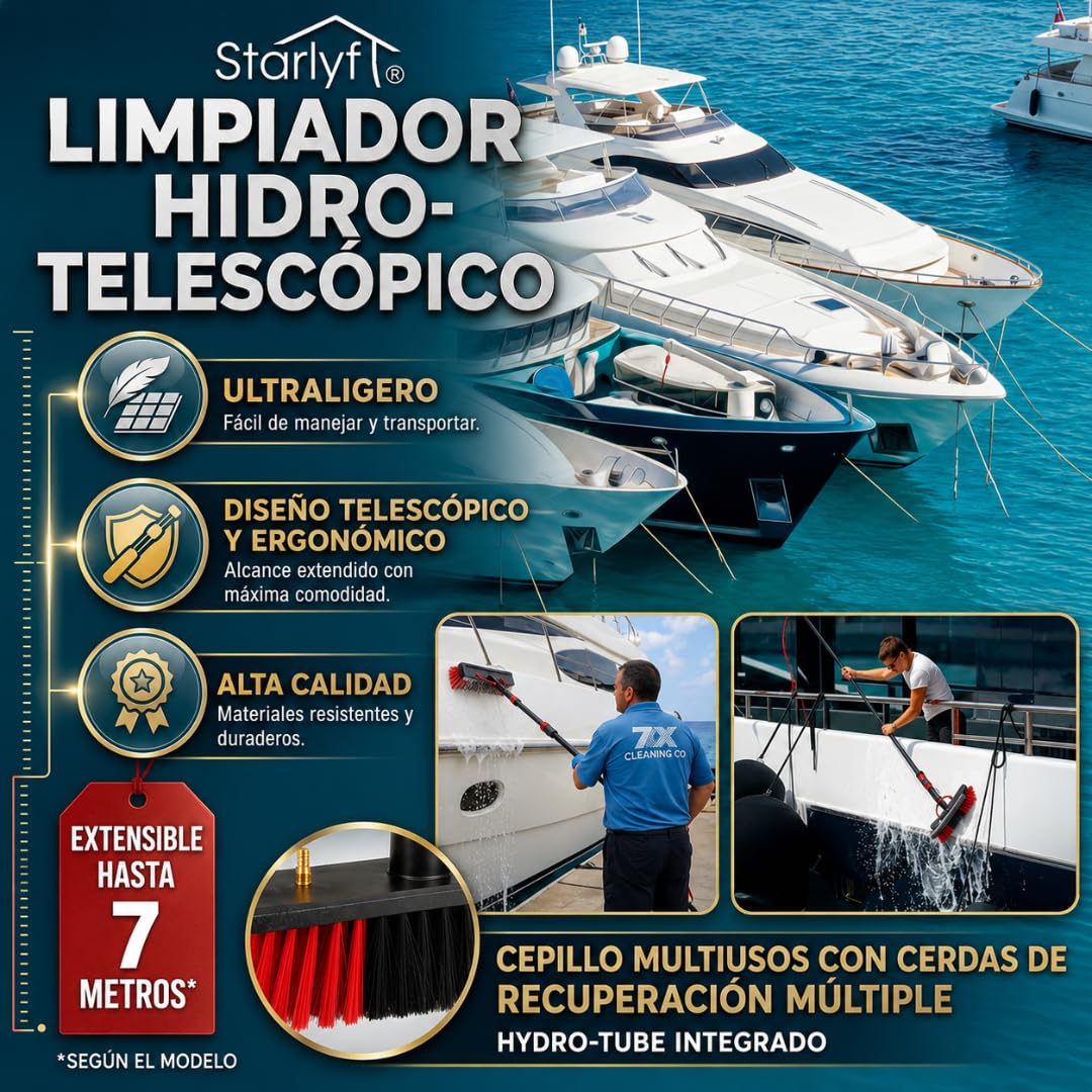 Barra Telescópica Extensible Multifunción, Ligera, de 1,6 a 7 Metros, Limpieza Placas fotovoltaicas, Techos, Coches, embarcaciones, Dispensador de Jabón, Limpiador Placas solares