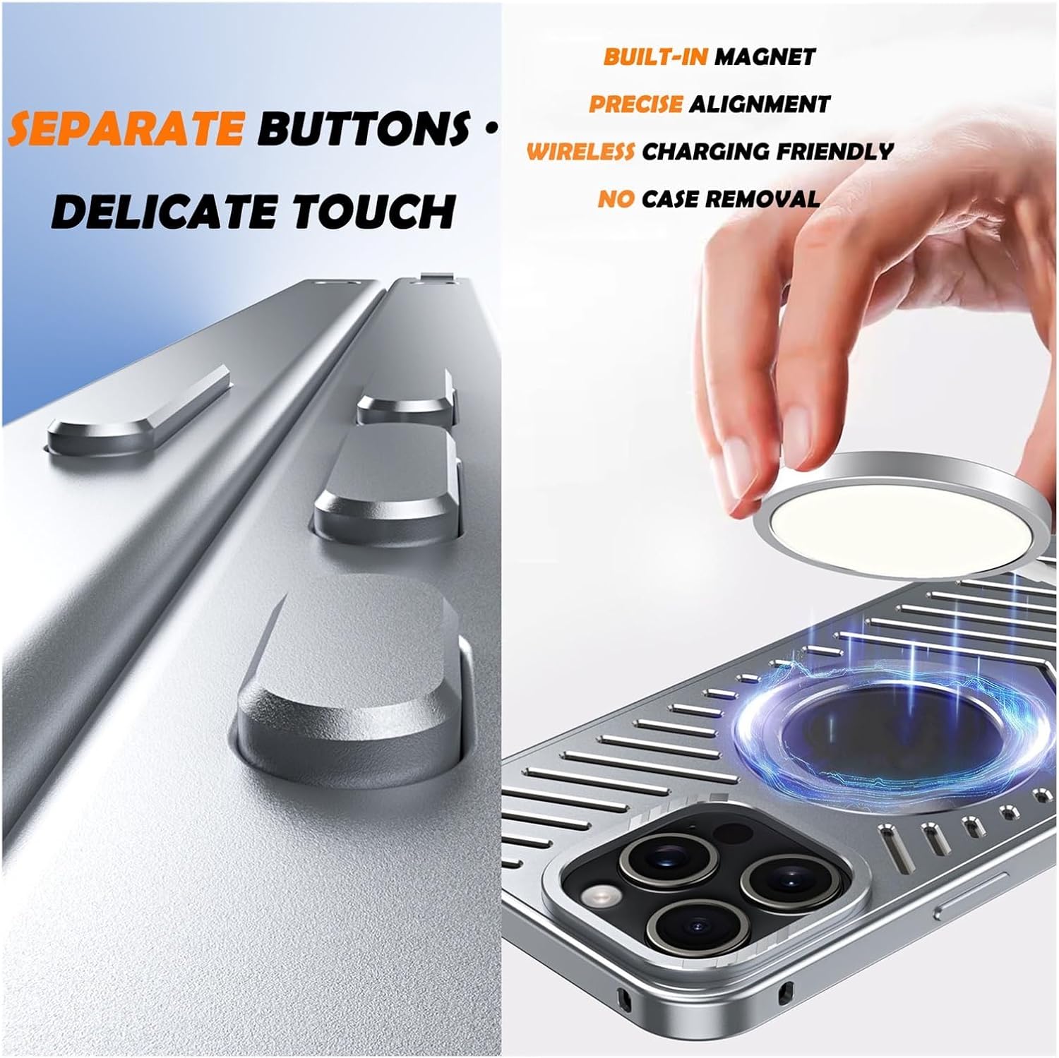 Magnetic Heat Dissipation Metal Case for iPhone 16 Pro Max, Aluminum Alloy Hollow Back Protective Cover, Compatible with Magsafe Shockproof Slim Design+ Anti-peep Screen Protector(Gray,16 Pro)