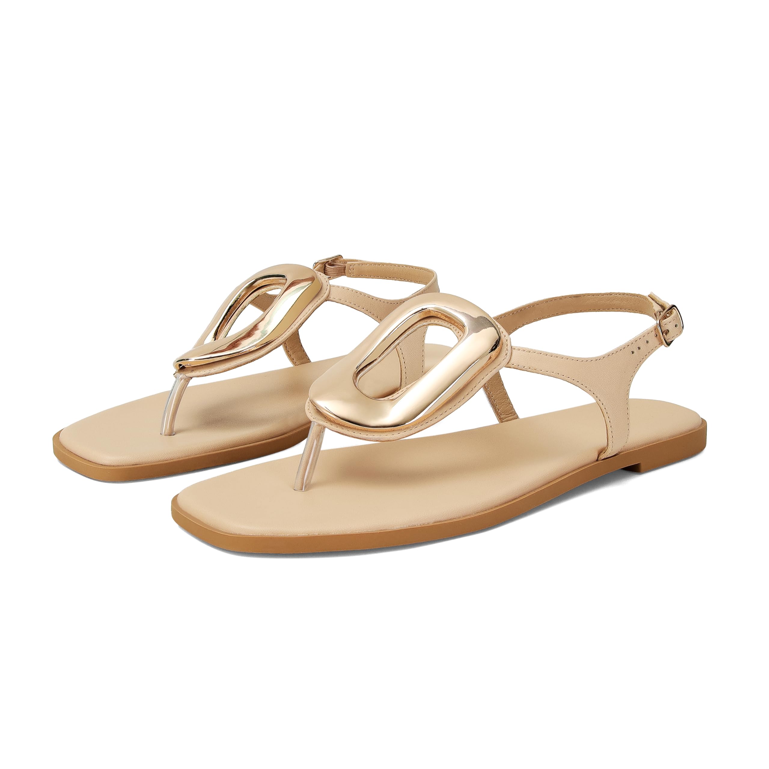 Wnshonzy Flip-Flops for Women Thong Sandals Flat Slip on Slides Beach Comfort Open Square Toe Ladies Slipper Dressy Metal Hardware Decoration Summer Shoes Casual Fashion