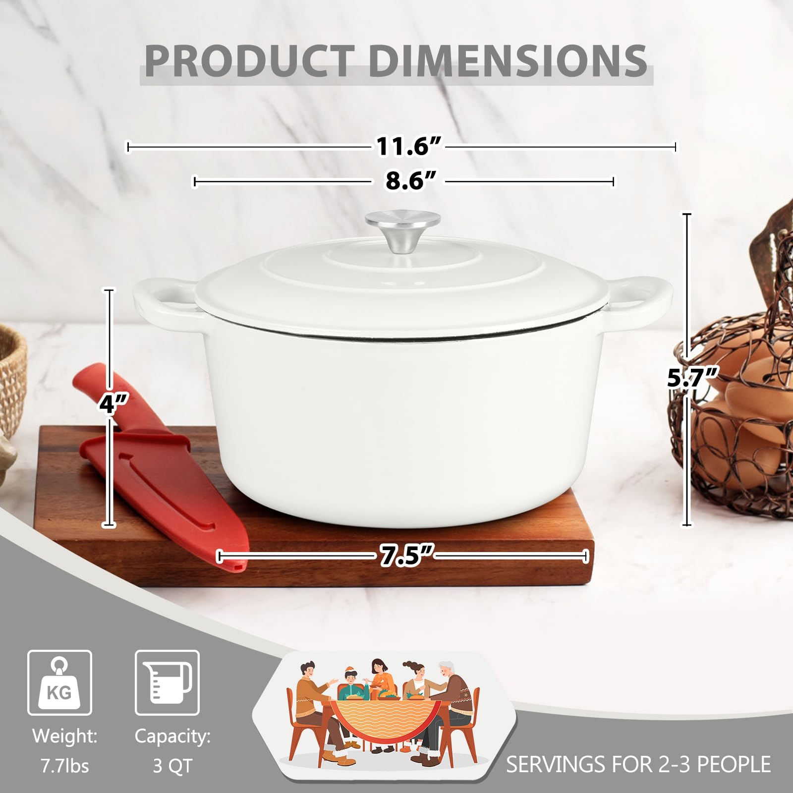 E-far - Horno holandés de hierro fundido esmaltado de 3 cuartos con tapa, olla pequeña redonda antiadherente para pan, estofado, guisos, asar, cocinar, resistente, inducción y apto para horno, color