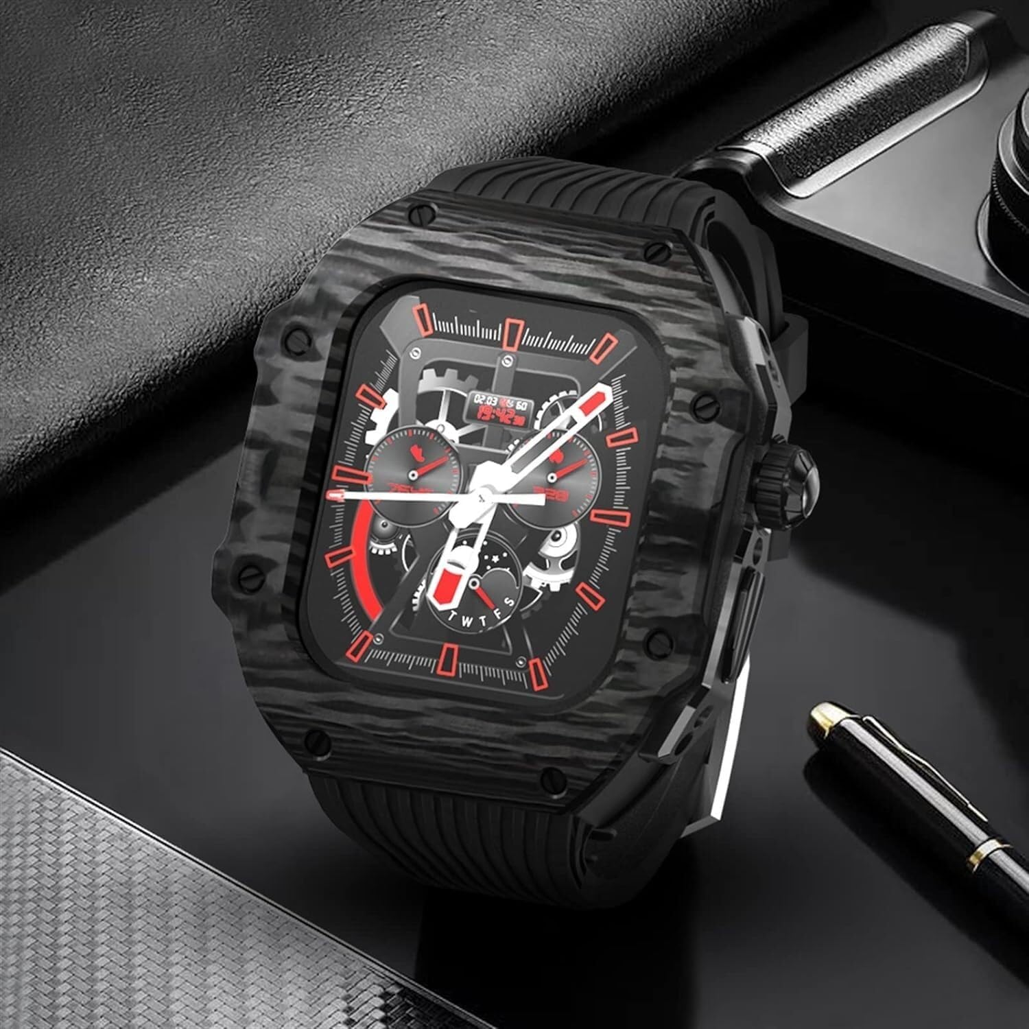 Rm Style Luxury Carbon Fiber Watch Case+Fluorine Rubber Watch Band Mod Kit，For Iwatch 8 7 6 5 4 45mm 44mm Ultra 49mm Replacement Watch Strap And Cover Modification and upgrade