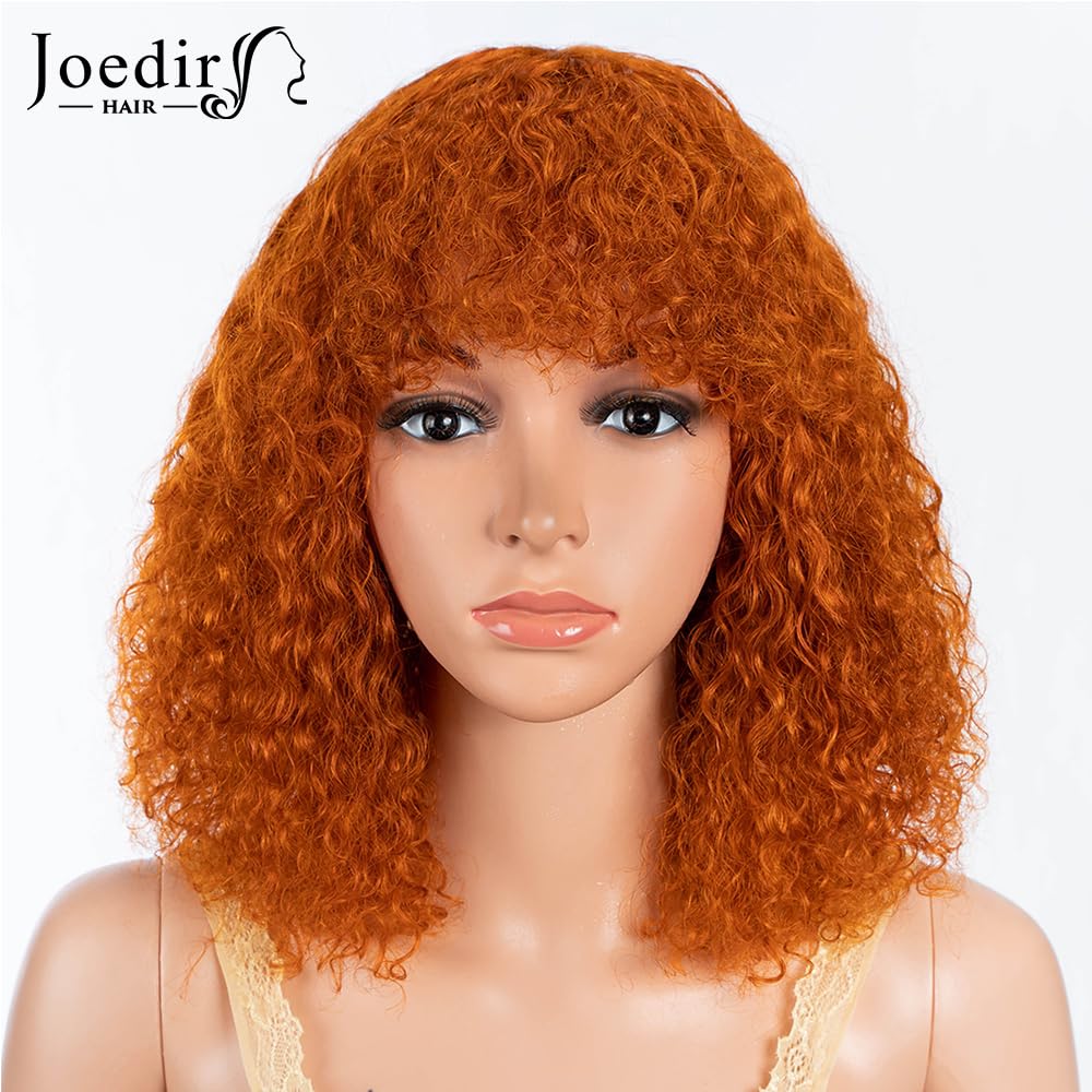 JOEDIR HAIR Ginger Orange Short Curly Wig with Bangs 12 inch Water Wave Human Hair Wig for Black Women Jerry Curl Bob Wig 150% Density Non Lace Front Glueless Wig - Image 4