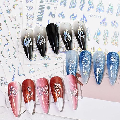 Miniatura 7 de 9 hojas de calcomanías holográficas para arte de uñas, calcomanías autoadhesivas, uñas, corazón, llama, estrellas, mariposa, luna, suministros de