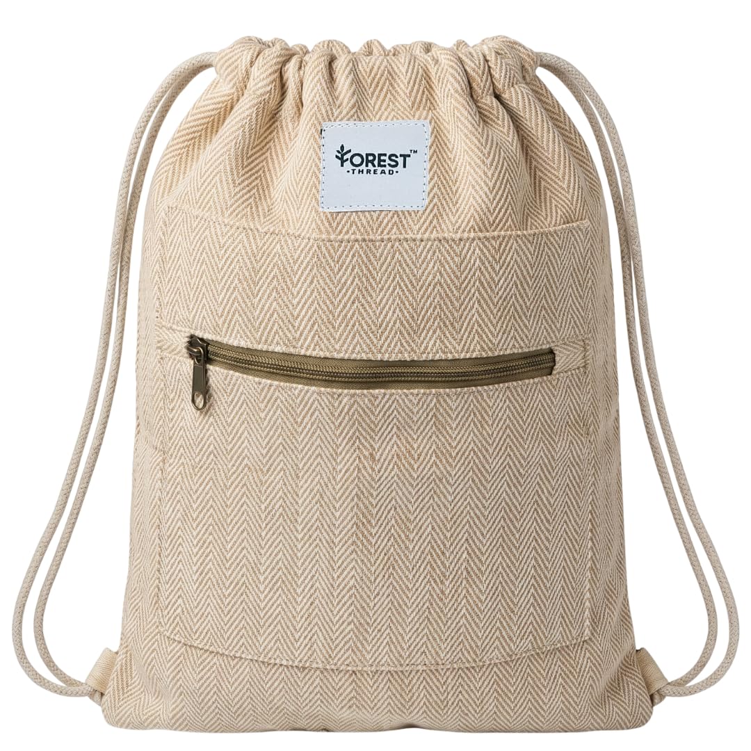 Beige Herringbone Hemp Drawstring Backpack for Men & Women | Eco-Friendly Woven Fabric Cinch Sack Pack with Front Zipper Pocket & Thick Rope Straps | Minimalist Gym, Hiking & Travel Bag-image-11