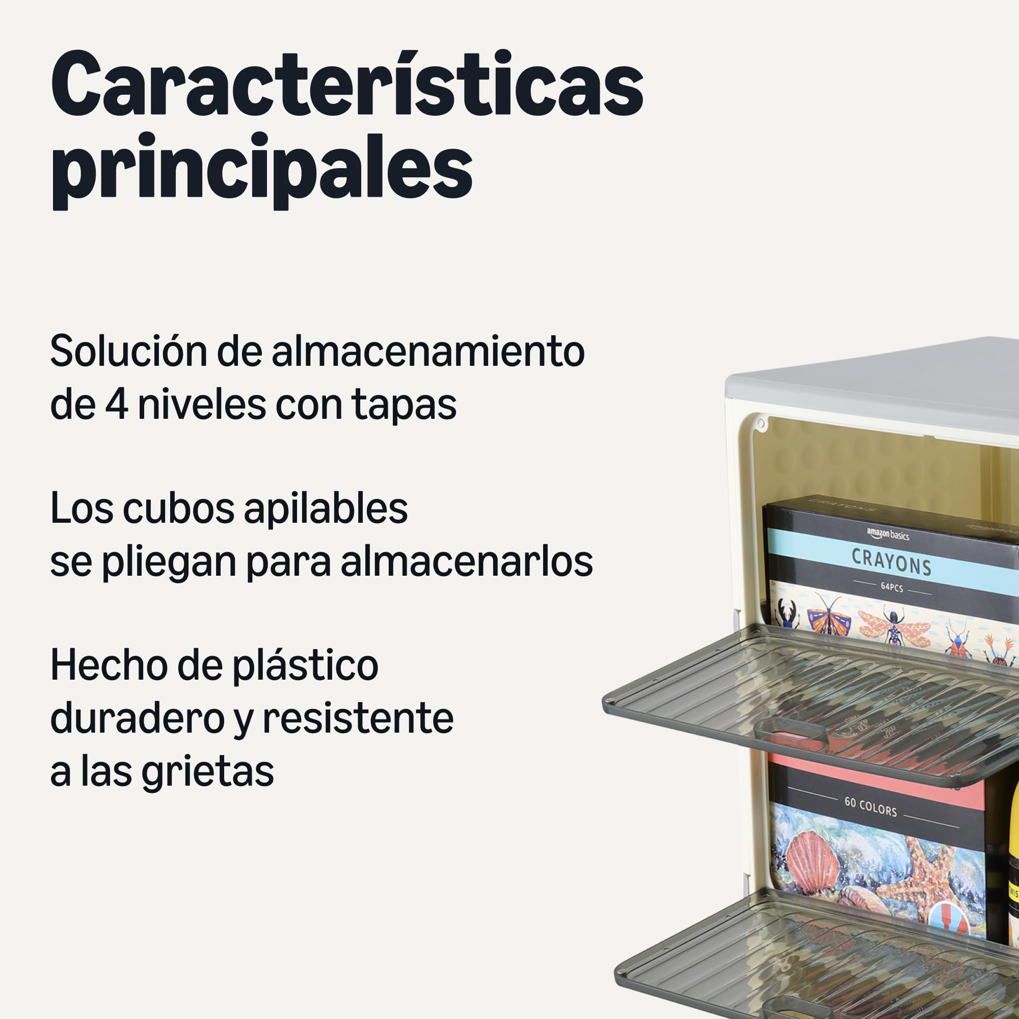 Amazon Basics Contenedores de Almacenamiento Apilables con 4 Niveles y Ruedas, 21,7L por Nivel, Contenedores Plegables y con Tapas, 82.6 x 39.1 x 27.2 cm, Gris/Beige