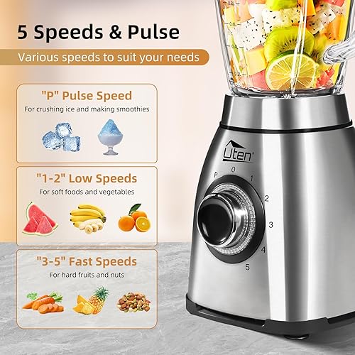 Miniatura 3 de Uten Licuadora de encimera de alta velocidad de 800 vatios para batidos y batidos, granos de café molidos, frasco de vidrio de 60 onzas, 5 ajustes