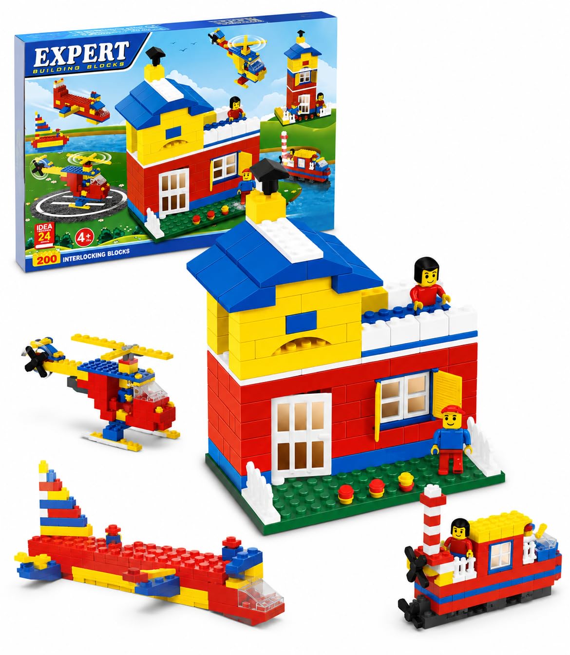 negi expert building blocks set for kids 4+-200 piece creative construction toy with house, helicopter, boat & plane models, stem learning educational bricks, imagination development