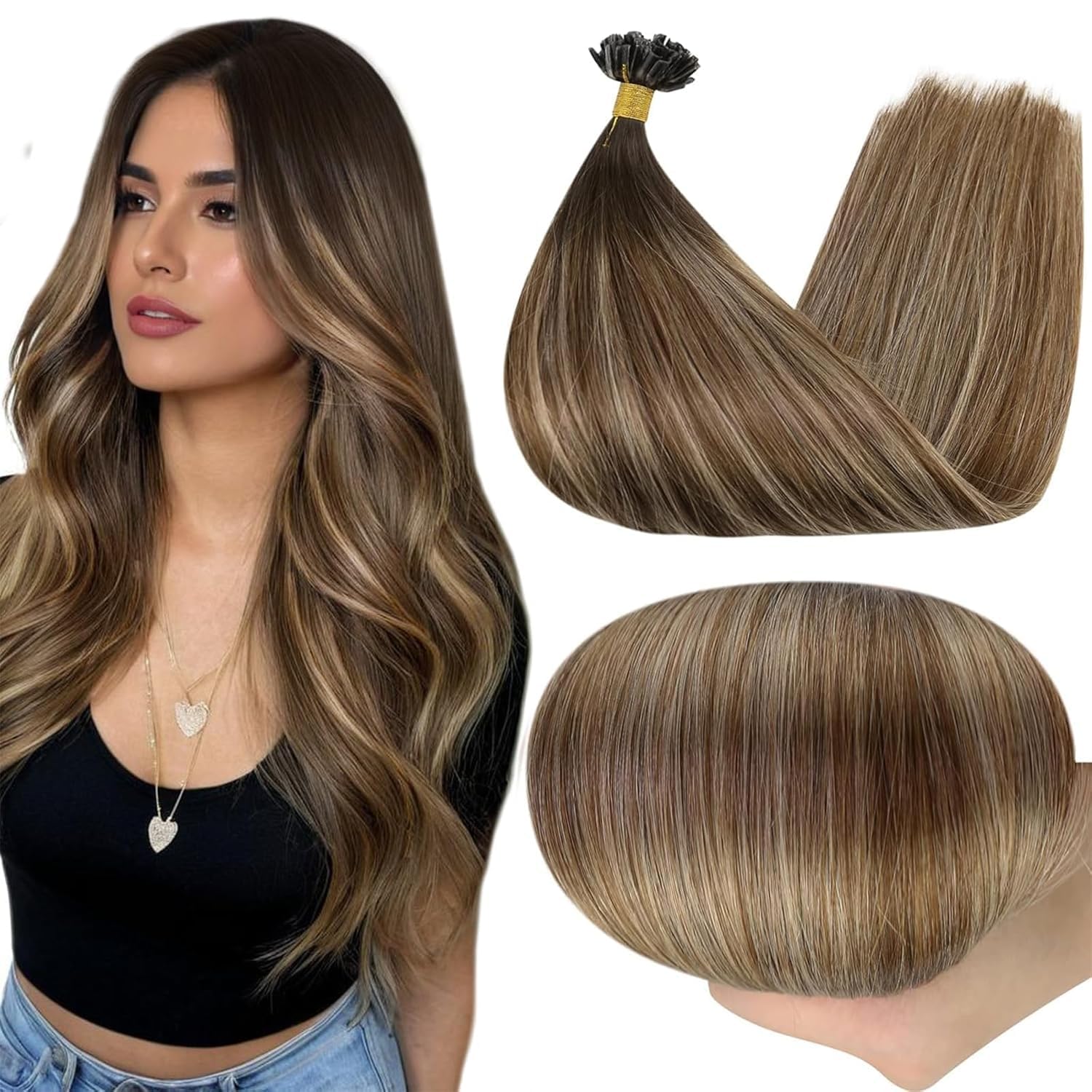 Full Shine U Tip Hair Extensions Dark Brown to Ash Blonde Ombre Brown 14 Inch 40 Grams Keratin Hair Extensions Human Hair Fusion Extensions Remy Hair add Volume