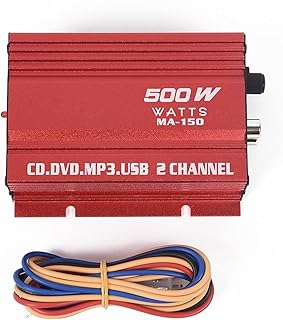 Car Amplifier, 12V Cable Amplifier 2 Channels Hi-Fi Stereo Amplifier Amp Subwoofer USB Port Aluminum Alloy Red 20Hz~20KHz