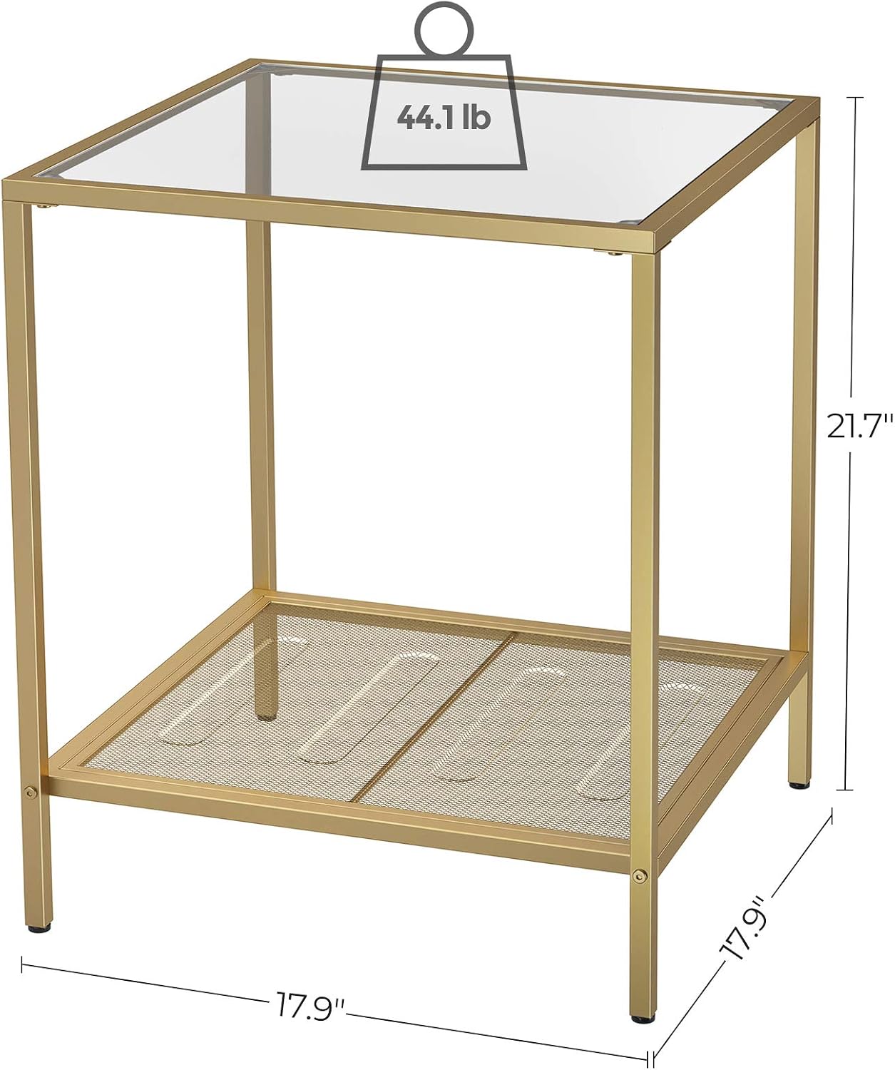 VASAGLE Side Table, 2-Tier End Table, Accent Table with Tempered Glass Top and Mesh Shelf, Stable Steel Frame, for Living Room Bedroom, Gold and Transparent Color ULGT030A01