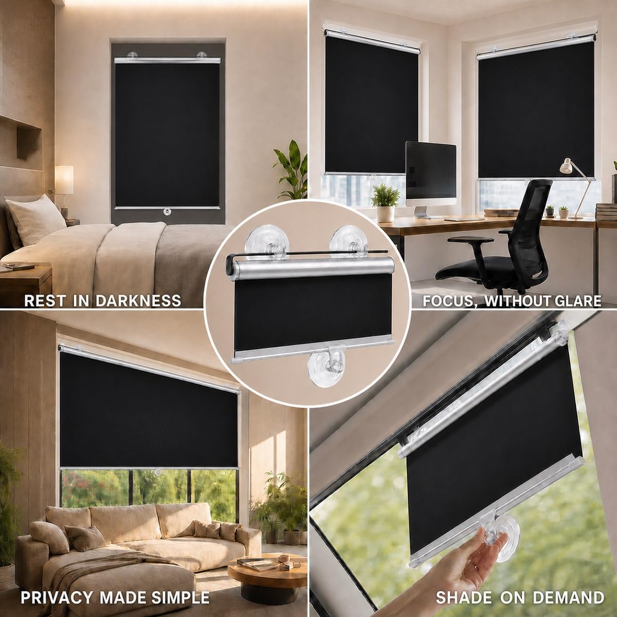 Estor Enrollable Opaco Sin Taladrar, Persiana Enrollable con Ventosa, Cortinas Blackout Protección UV, Estores Temporales Portátiles, para Ventanas Cocina Oficina y Coche(75 A x 80 H cm)