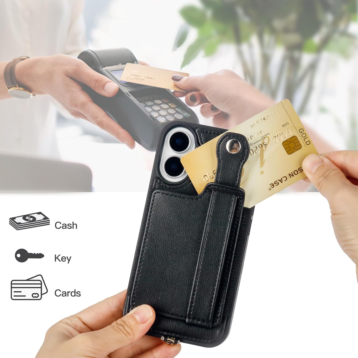 TOOVREN Phone Case for iPhone 16 Wallet Case with Card Holder Stand Strap Lanyard Case fits iPhone 16 Case with Wallet PU Leather Shockproof Detachable Phone Cover for Women & Men 6.1 Inch Black