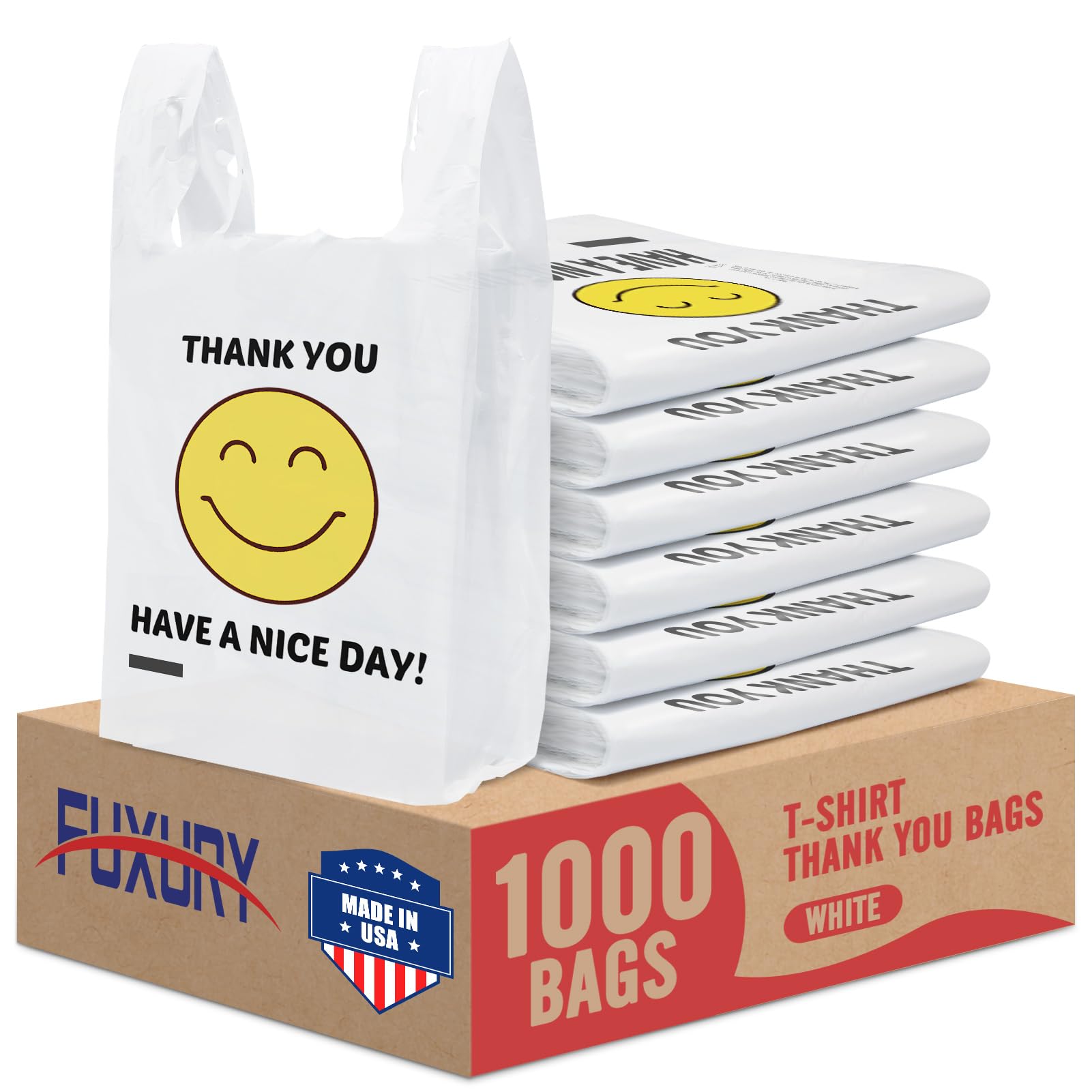 Fuxury 1000 Count Happy Smiling Face Thank You Plastic Bags (11.5 x 6.5 x 21) White, Have a Nice Day T-shirt Bags for Business, Grocery, Take Out, To