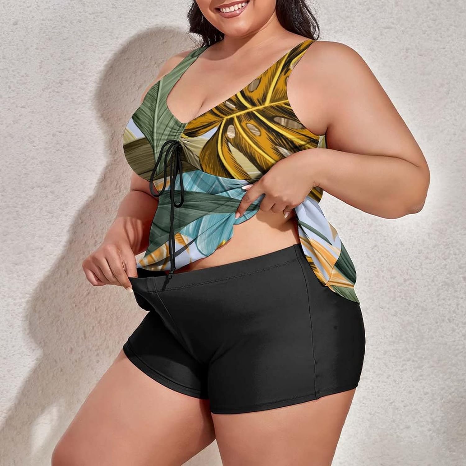 Plus Size Tankini Swimsuit for Women Tropical Banana Palm Monstera Leaves Tankini Bathing Suit Tummy Control Swimdress Two Piece Tropical Tree Plant Swimsuits Swim Top Shorts