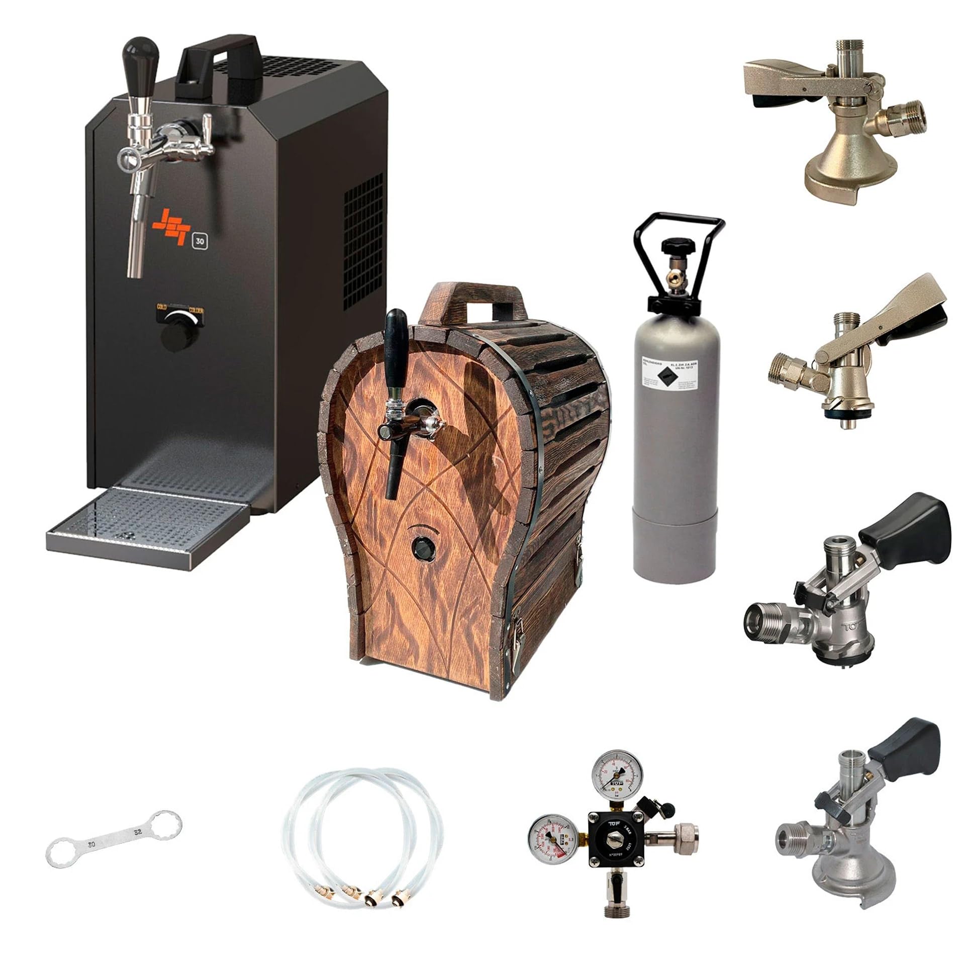 Kit Completo Sistema dispensación Cerveza Jet 30, maletín Enfriador Flujo Continuo 1 vía, seco hasta 35 l/h, sin Barril, con Madera