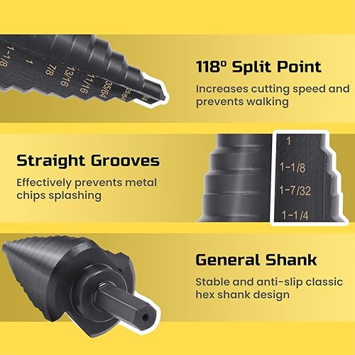 Miniatura 5 de Lichamp Unibit - Broca paso a paso para metal, broca paso a paso auténtica M2 para metal duro resistente, 11 tamaños de 14 a 1-38 pulgadas, doble