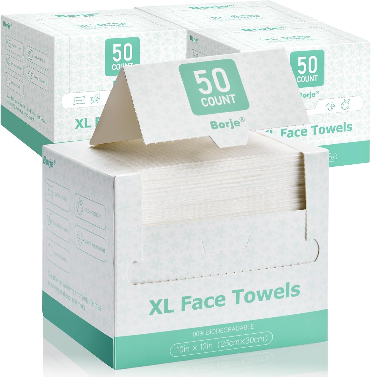 Borje Face Towels XL, Thick Disposable Face Towel 10" x 12", 200 Count (4 Packs of 50), 100% USDA Biobased Soft Facial Towelettes, Makeup Remover Dry Wipes for Women Cleansing