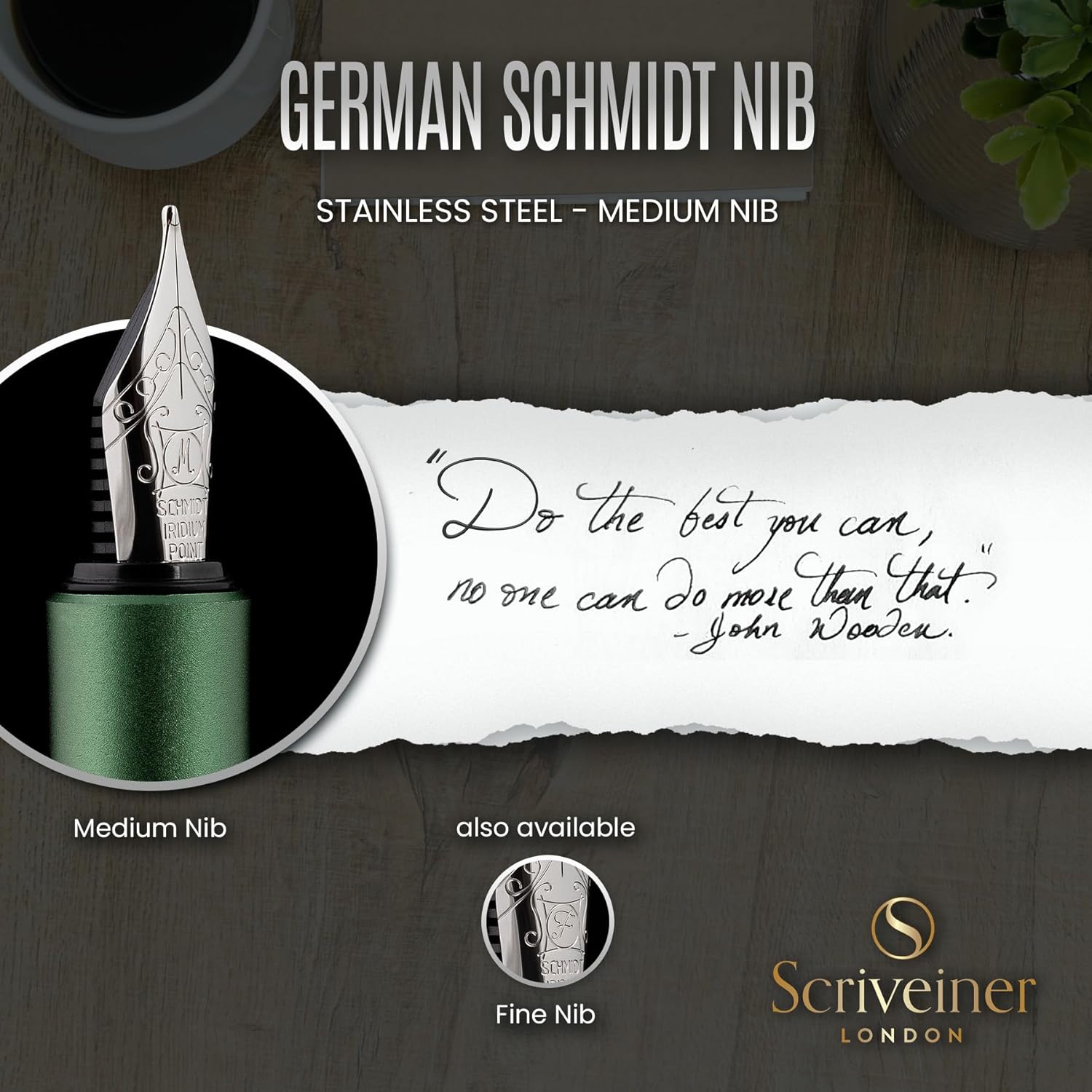 Scriveiner Luxury EDC Fountain Pen (Medium), Stunning Matt Green Pocket Pen, Chrome Finish, Schmidt German Nib, Converter, Best Writing Pen Gift Set for Men & Women, Nice Fancy Office Designer Pen