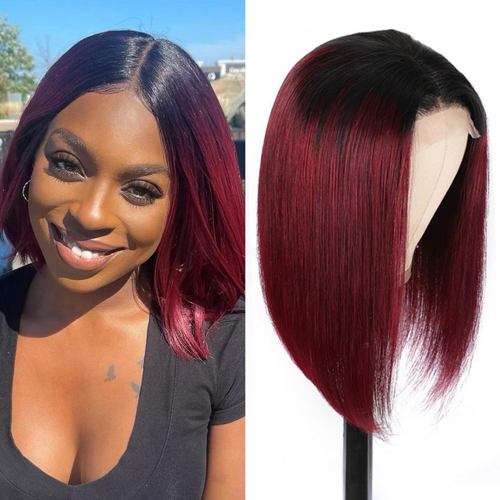 Amazon.com : DÉBUT Short Bob Wigs 1B Burgundy Lace Front 