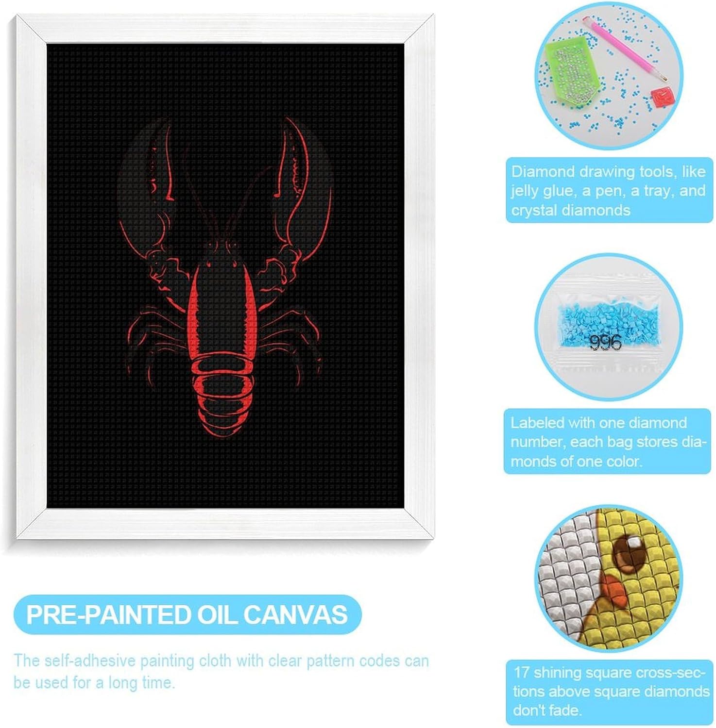 Lobster Crawfish Diamond 5D Painting Kits with Frame DIY Full Round Drill Gem Art Crafts for Home Wall Decor 16 X 20in White Wood 40 * 50cm