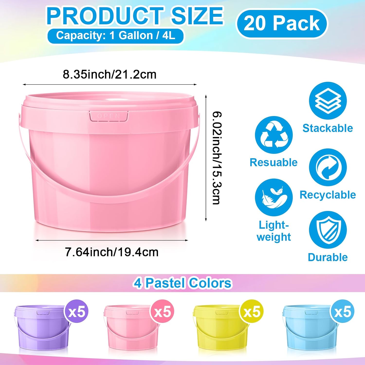 Blushtier 20 Pack 1 Gallon Plastic Bucket with Lids and Handles Food Grade Ice Cream Buckets with Lid Reusable Colorful Multipurpose Food Storage Containers Freeze Safe Ice Cream Tubs for Kitchen