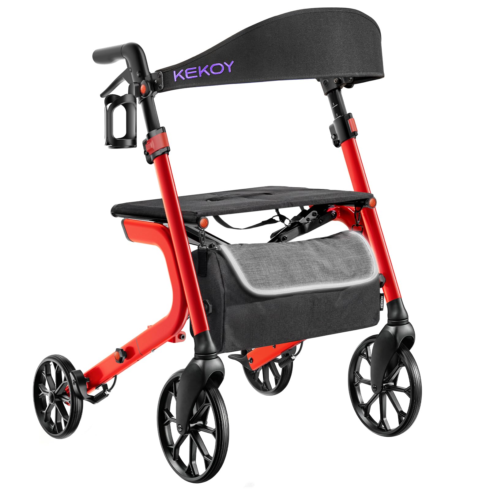 Kekoy Bariatrischer Rollator faltbar mit Sitz für Senioren, 226 kg Traglast | Auf allen Geländen. Aluminium höhenverstellbarer Outdoor Rollator mit 50 cm Sitzkissen, Lehne, Stauraum & Becherhalter, Rot
