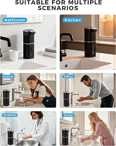 Miniatura 9 de Dispensador automático de jabón espumoso, recargable de 12.8 onzas, niveles de espuma ajustables, IPX5 impermeable, sin contacto y uso de paredmesa