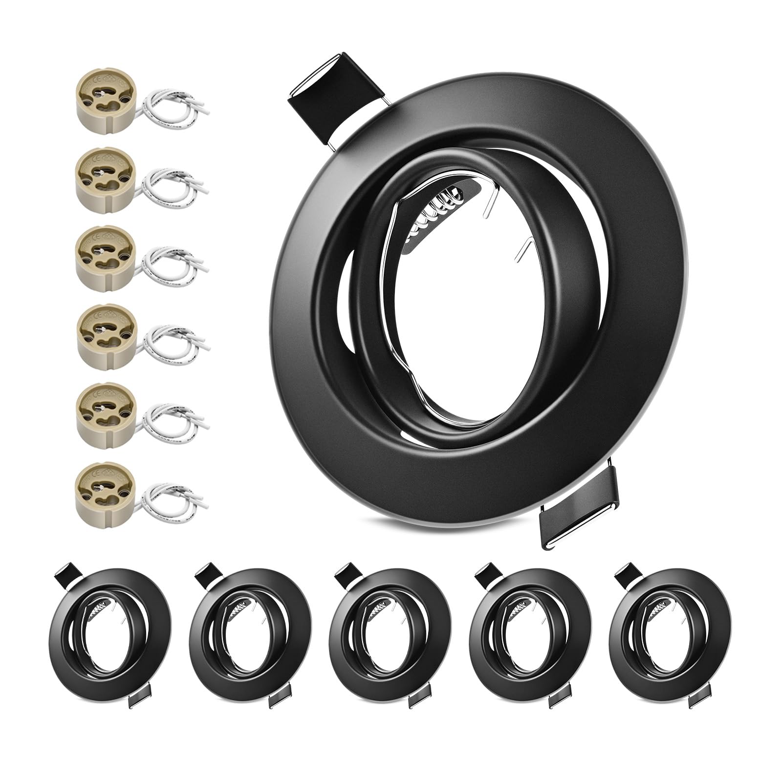 LteelDay 6-Pack Matte Black Adjustable Recessed GU10 Light Frames – 30° Swivel Round Ceiling Mount, 90x90mm, Cut-Out 68-80mm, Includes 6 VDE Sockets