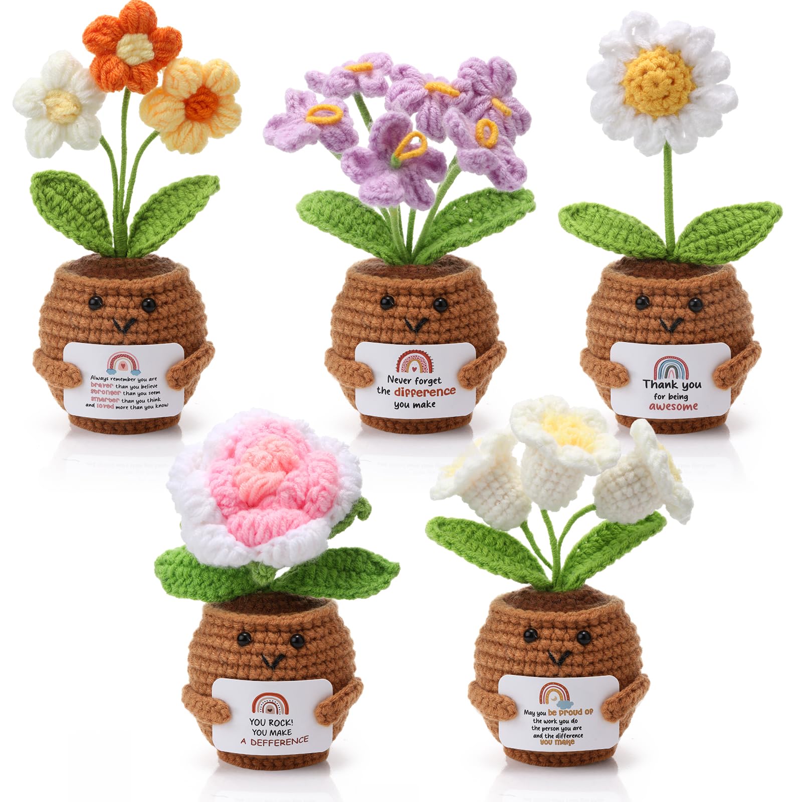 Geelin 6 Sets Mini Positive Flower Potted Doll with Card Emotional Sunflower Rose Daisy Crochet Support Thank You Plants Christmas Thanksgiving Positive Gifts for Women Coworker(Rainbow)