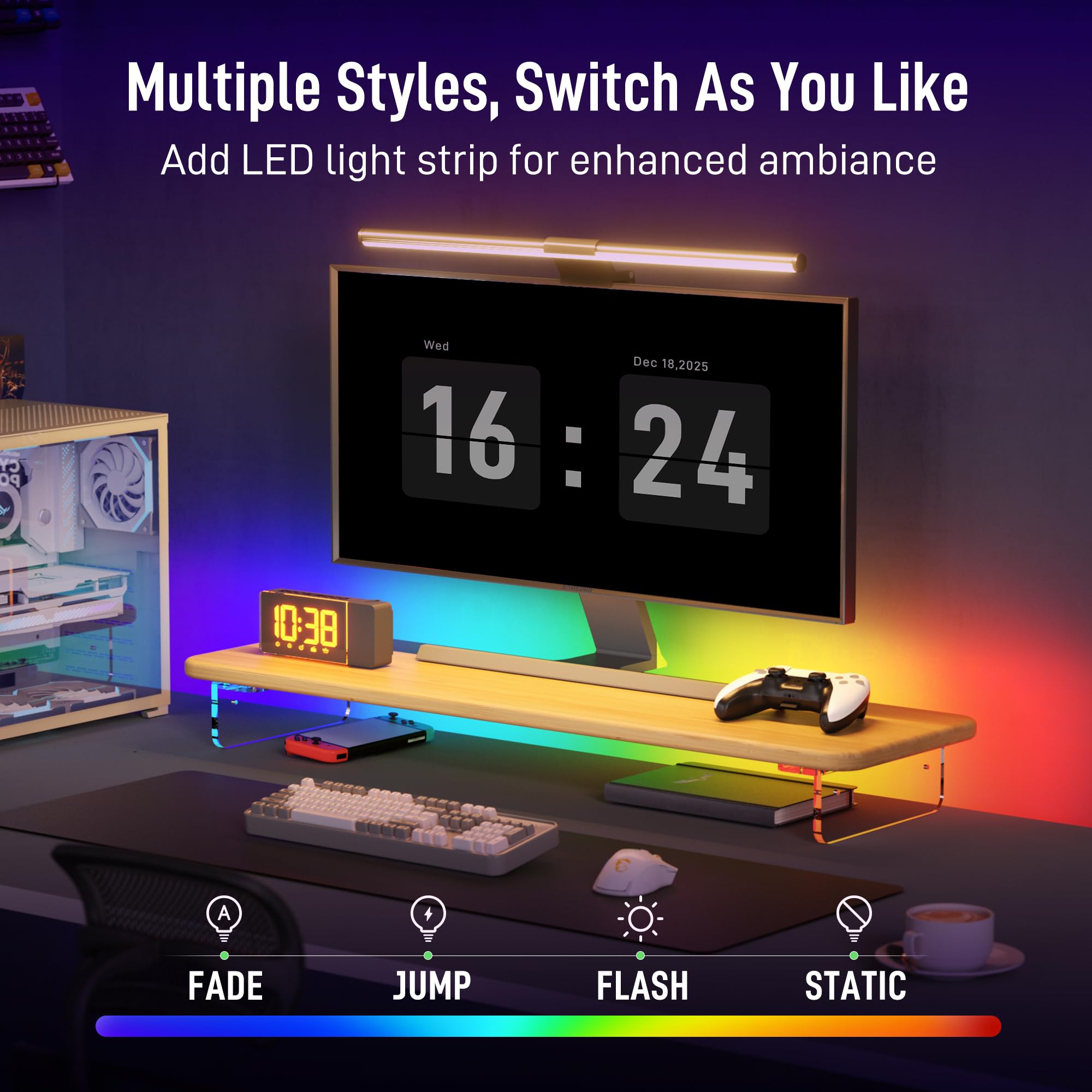 AFOOYO Supporto per monitor, in bambù e acrilico, supporto per monitor del computer con luce a LED, grande supporto per monitor da 31 pollici per scrivania, supporto organizer da scrivania per